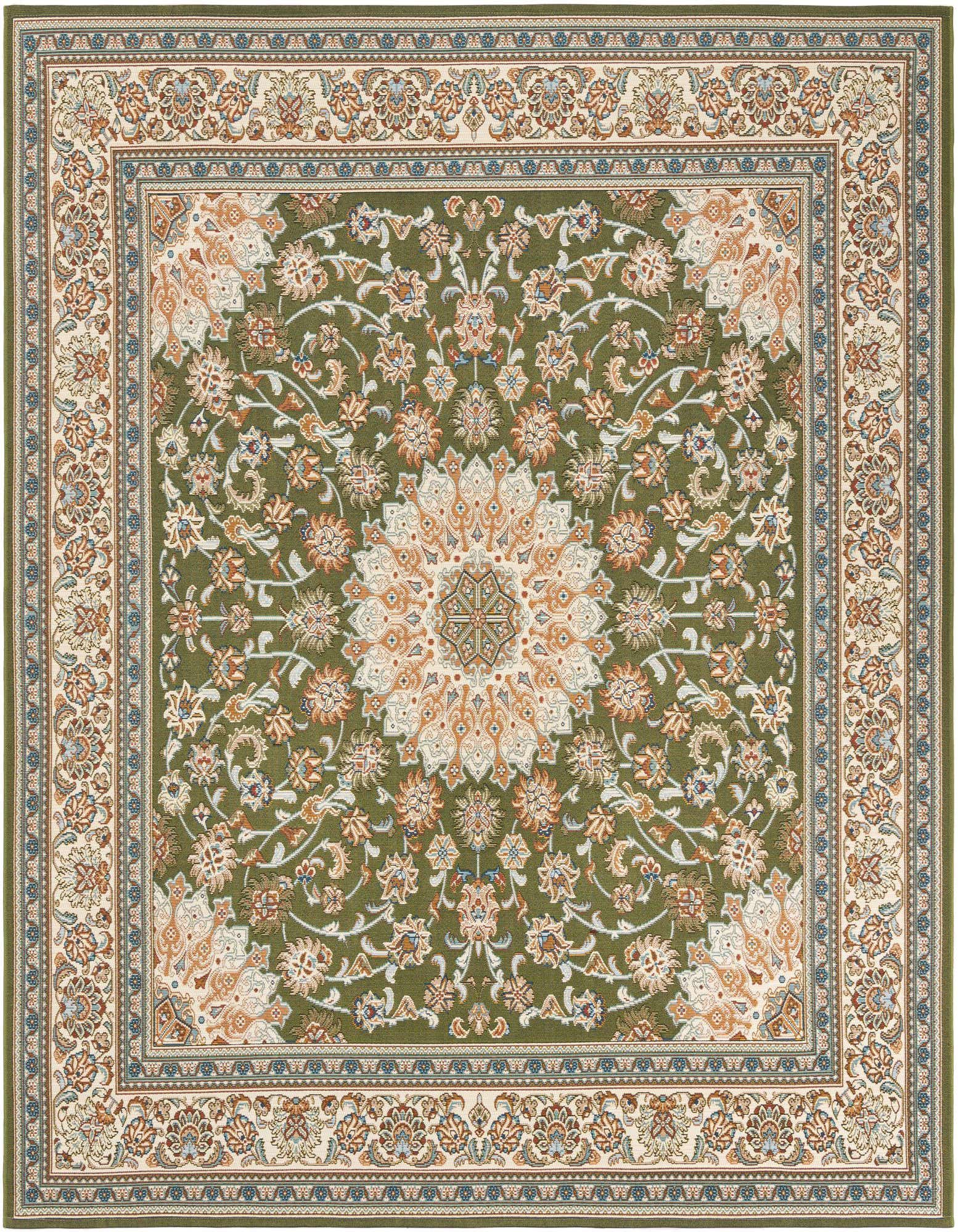 A 7' 10 x 7' 10 square green indoor/outdoor rug with an intricate traditional medallion and floral pattern, ideal for a patio.