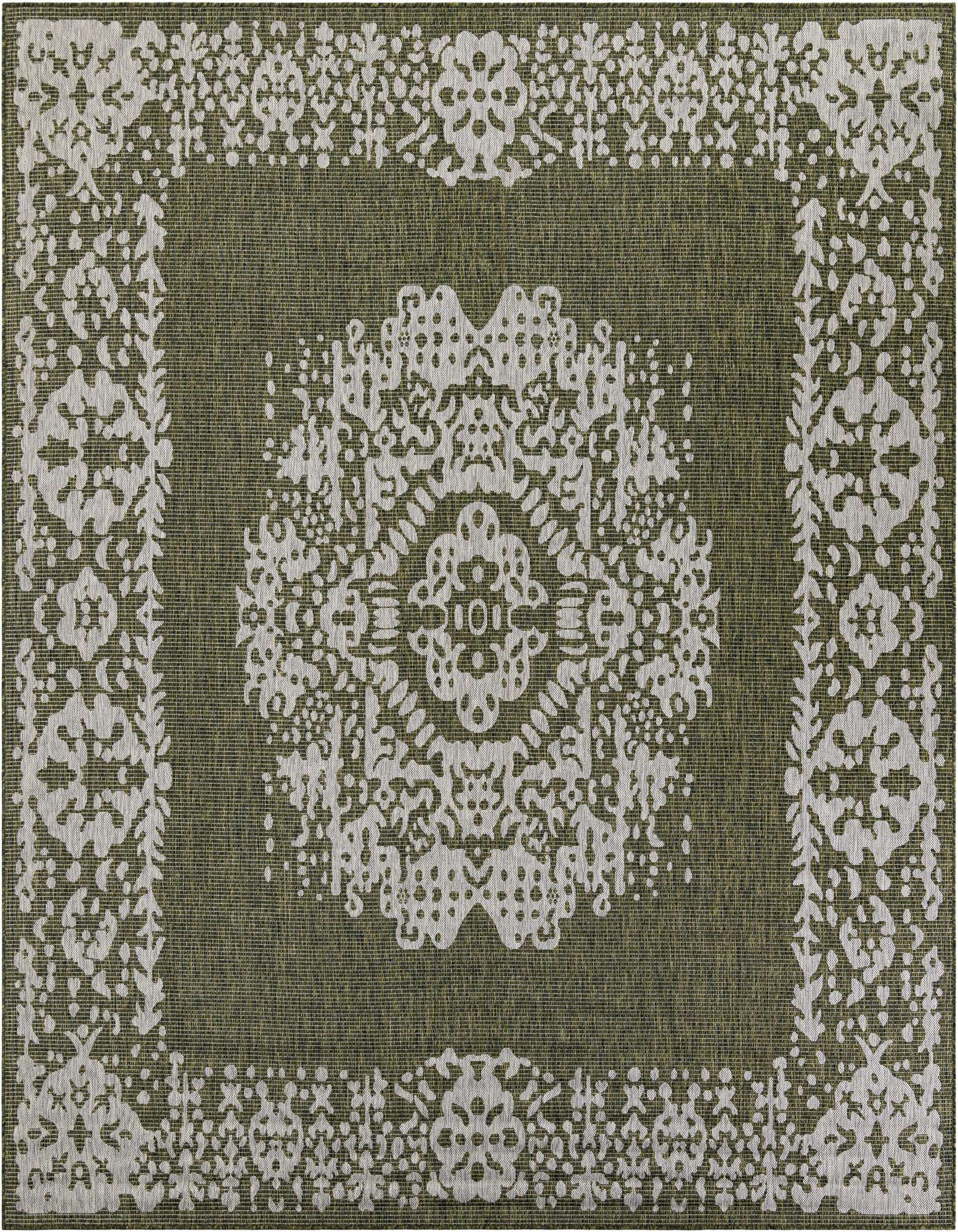 A 10'x10' square green indoor/outdoor rug with a distressed white medallion and border pattern, suitable for a patio.