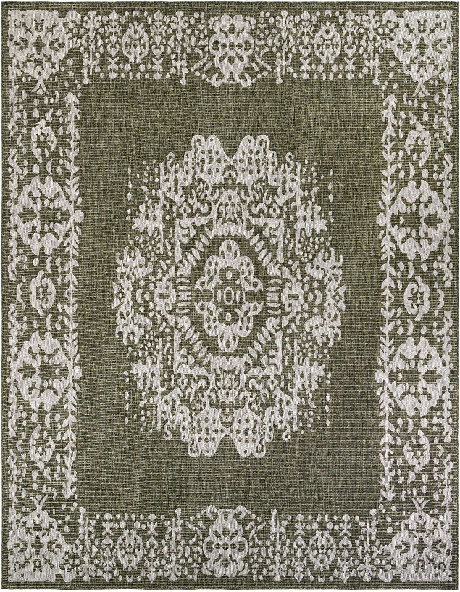 A 12x12 square green indoor/outdoor rug with a white traditional Oriental medallion and border pattern.