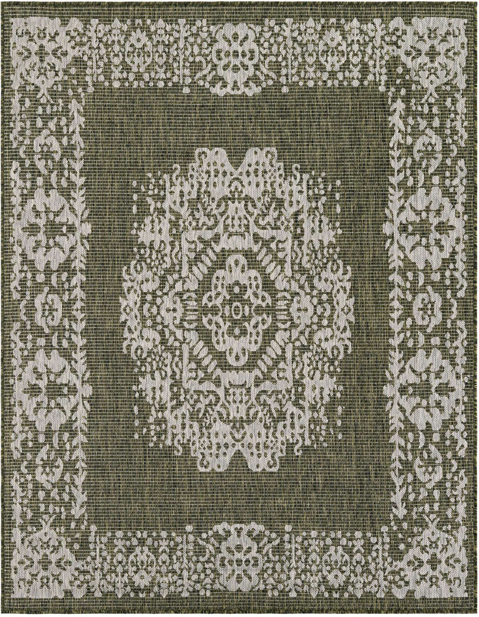 A 6'x6' square green indoor/outdoor rug with a light cream traditional Southwestern medallion pattern and matching border.