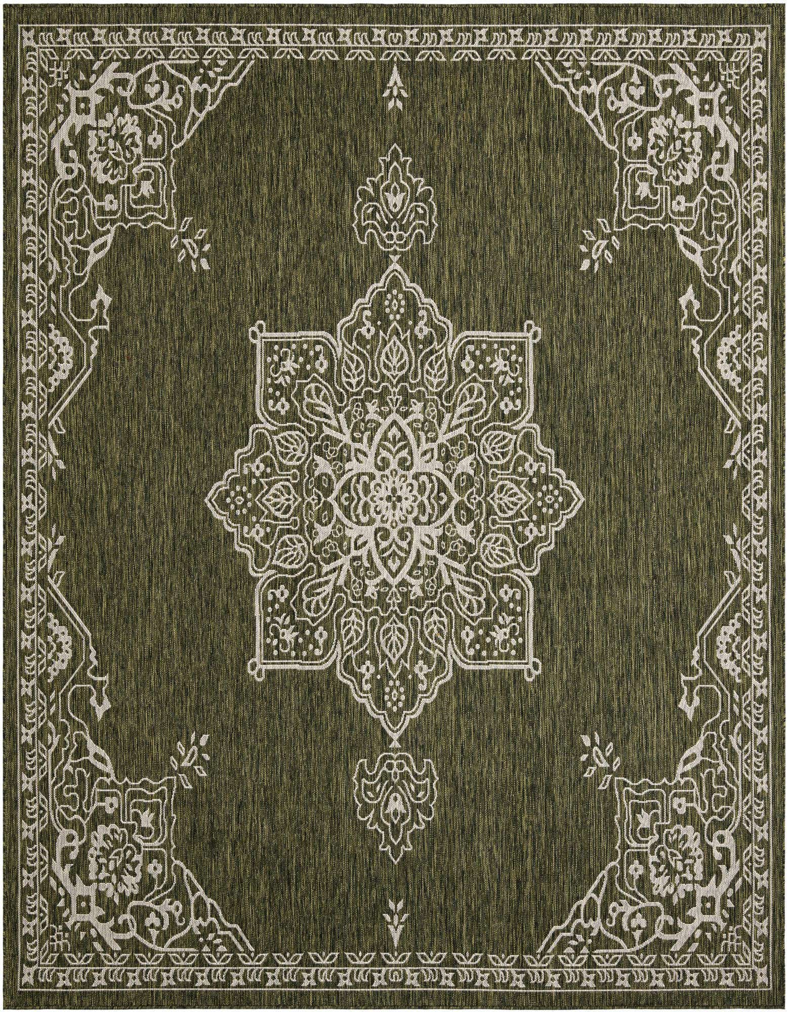 A 10'x10' square green indoor/outdoor rug with a large white traditional medallion pattern and corner accents.