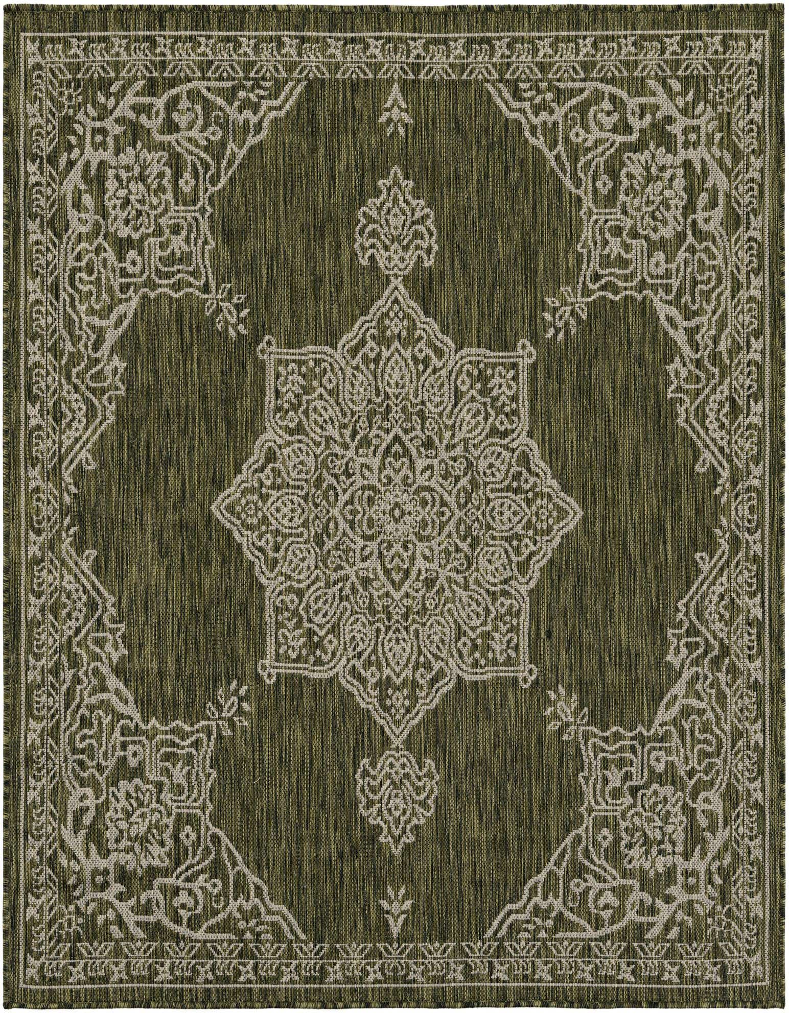 A 5' 3 x 5' 3 square green indoor/outdoor rug with an intricate light-colored traditional medallion pattern and border.