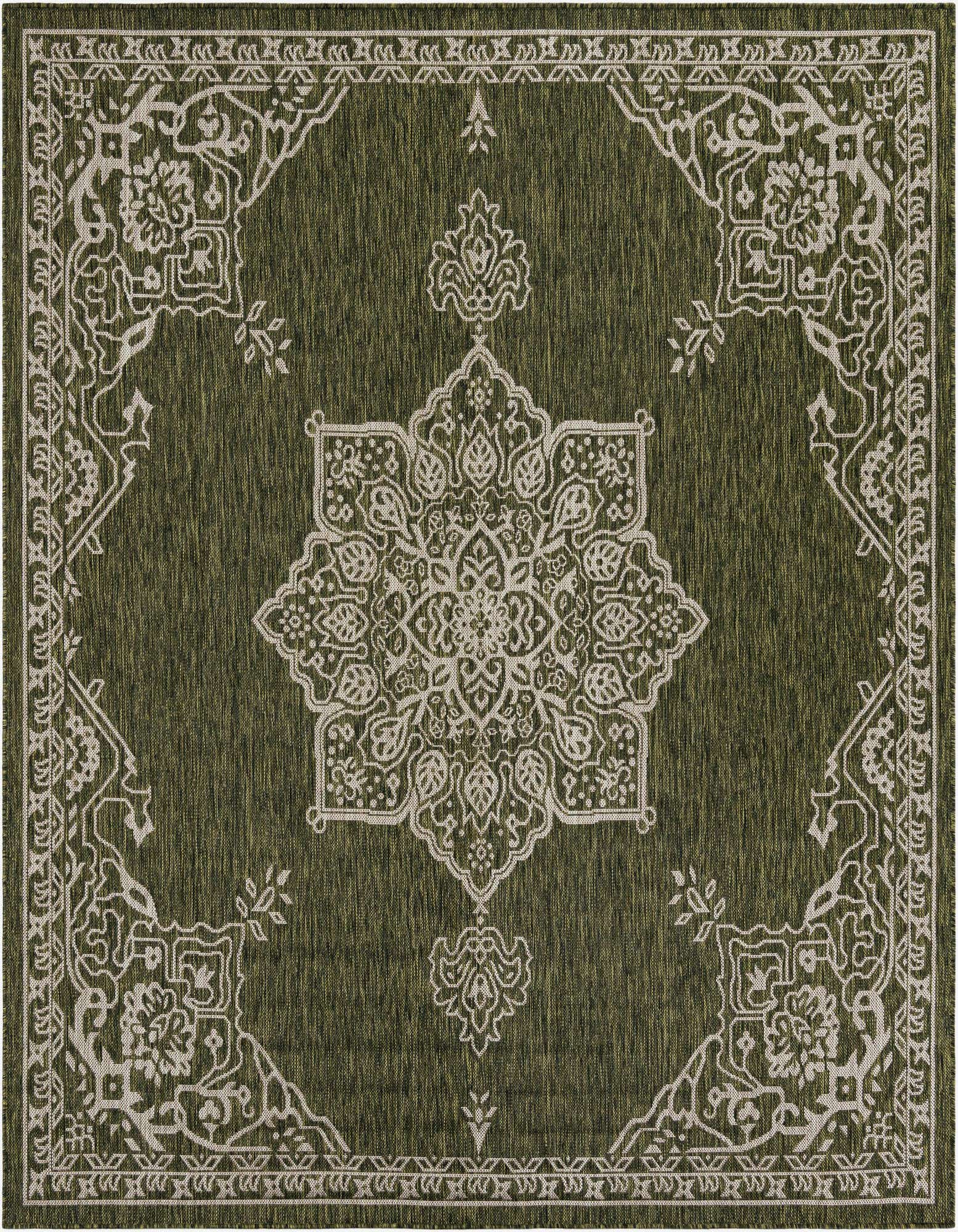 A 7' 10 x 7' 10 square green indoor/outdoor rug with a light-colored traditional medallion and border pattern.