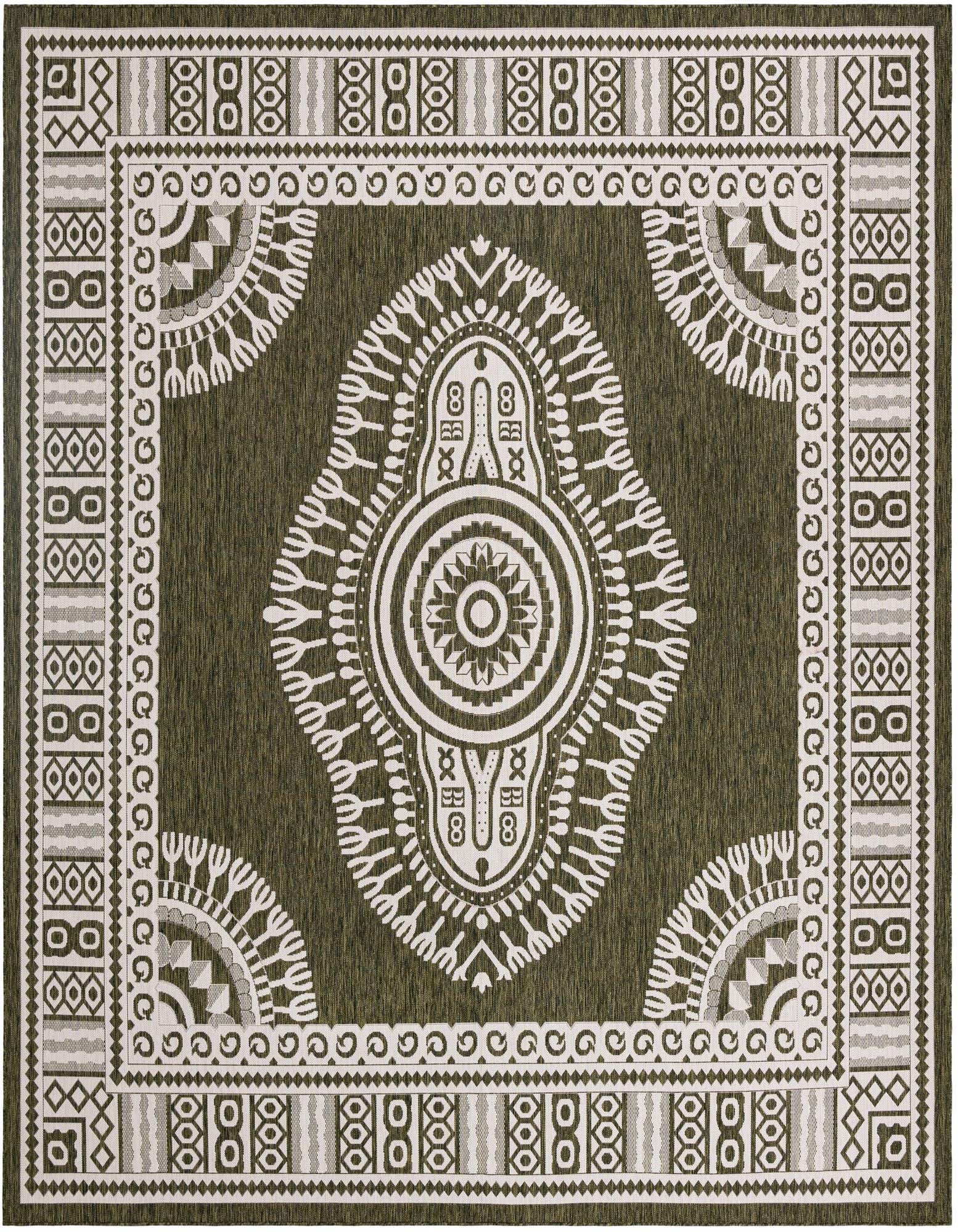 A 12'x12' square green and white indoor/outdoor rug with a large central medallion and intricate traditional patterns.