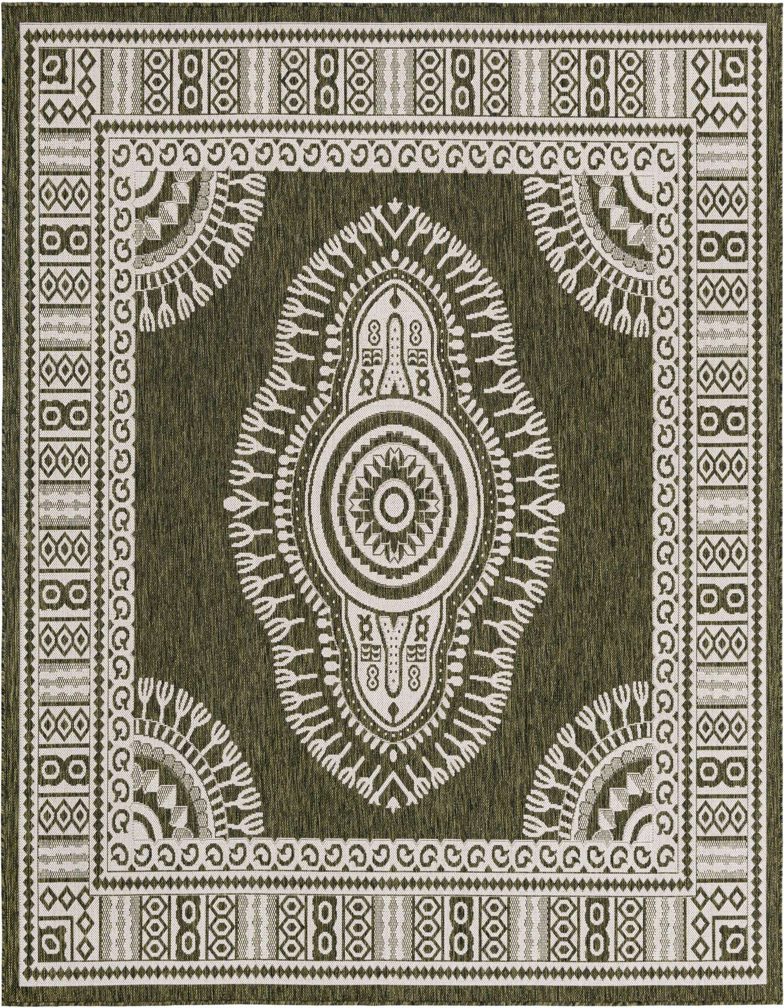 A square green outdoor rug with a large white medallion design and intricate border patterns, perfect for a patio.