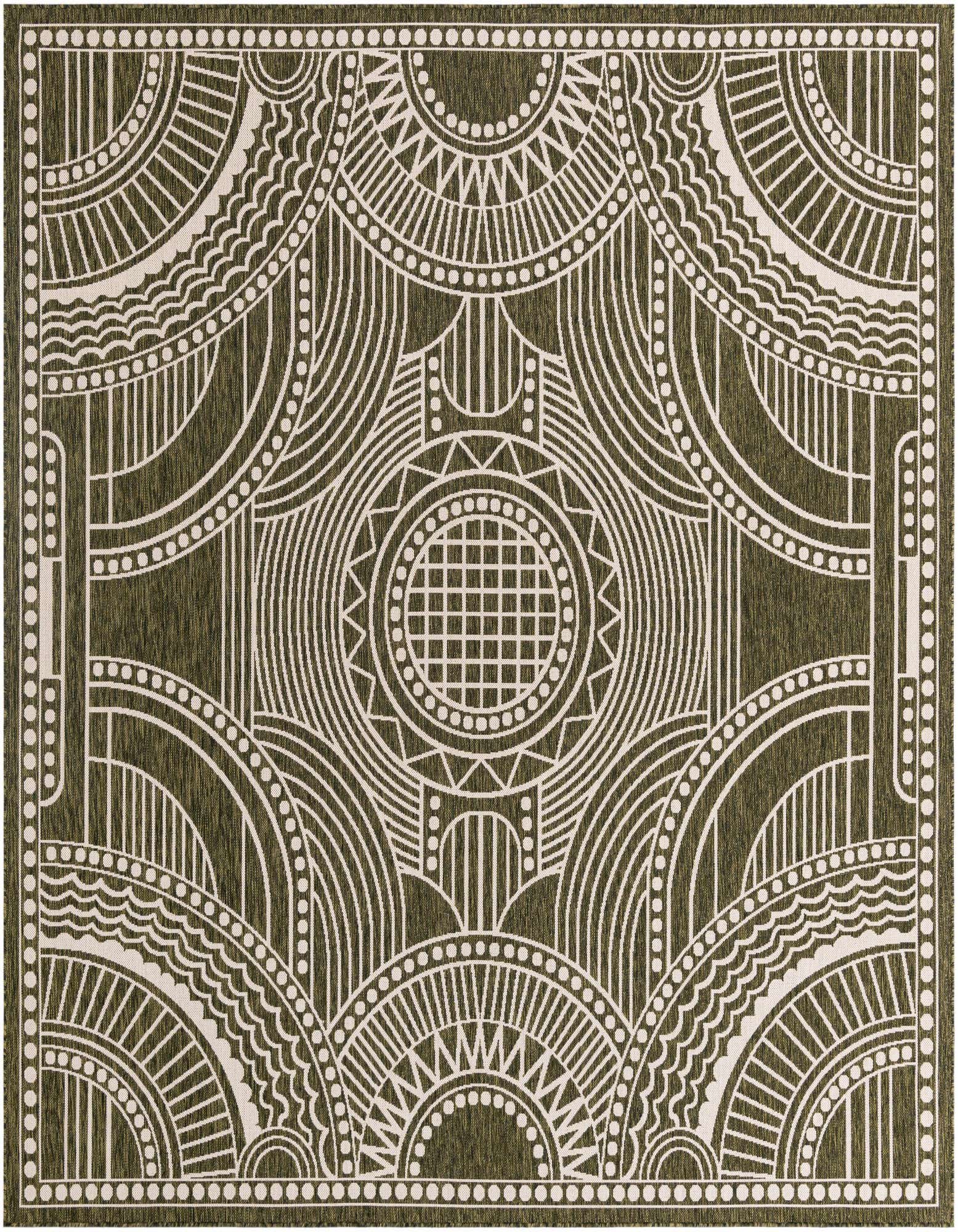 A 12'x12' square green indoor/outdoor rug with a repeating white geometric medallion pattern, suitable for a patio.
