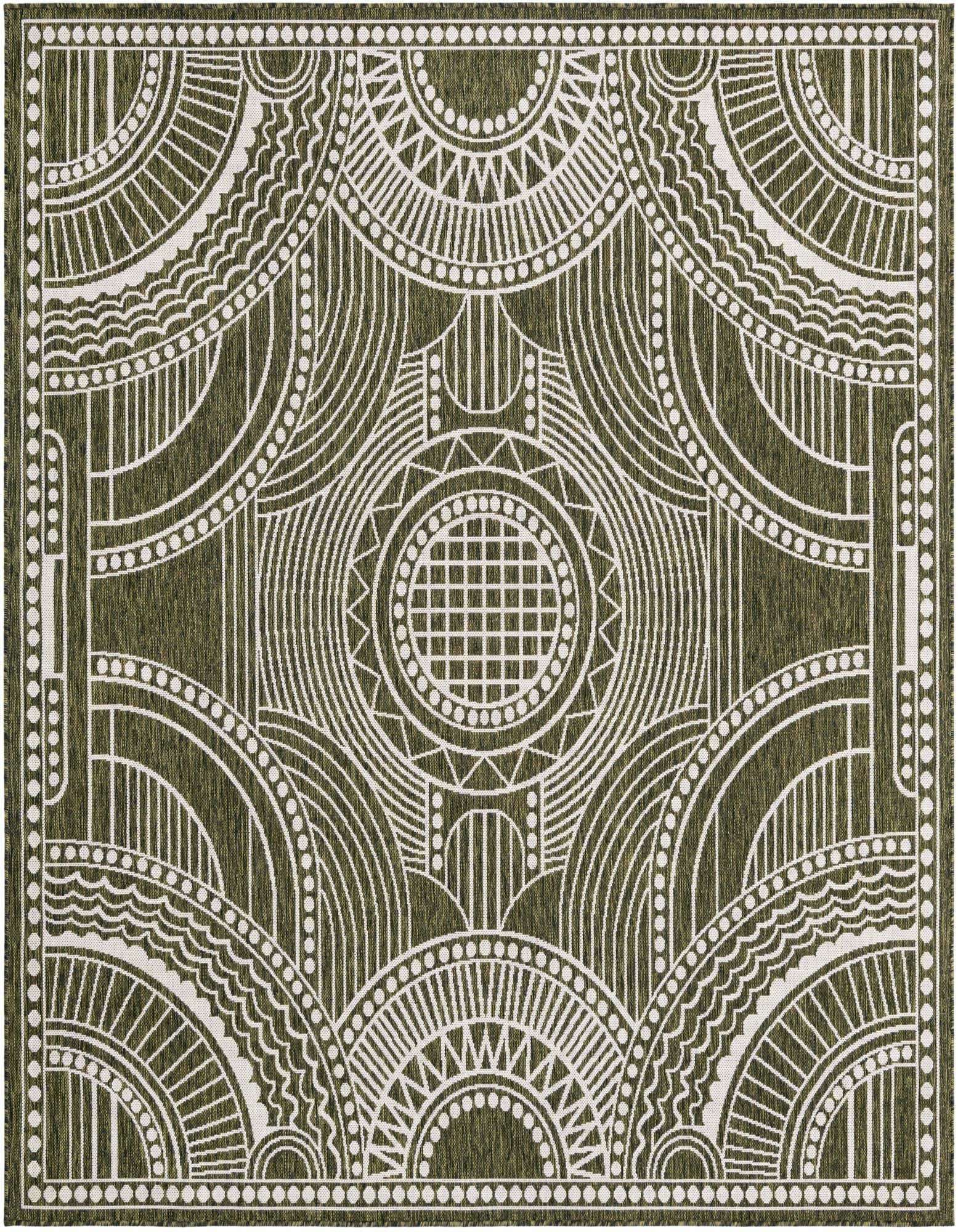 A square 7' 10 x 7' 10 green indoor/outdoor rug with a white traditional medallion pattern, ideal for a patio.