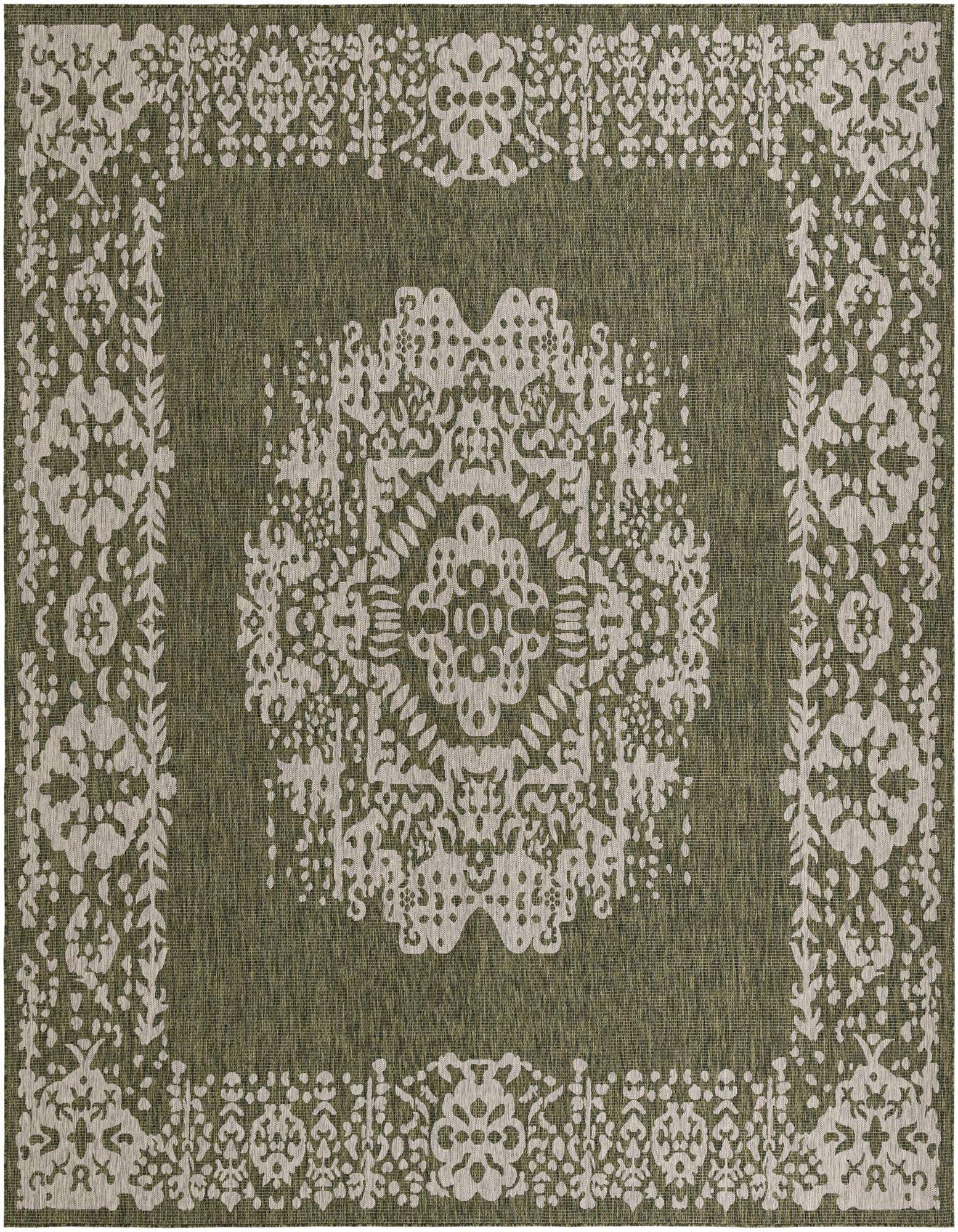 A 13' square green indoor/outdoor rug with a distressed off-white traditional medallion and border pattern.