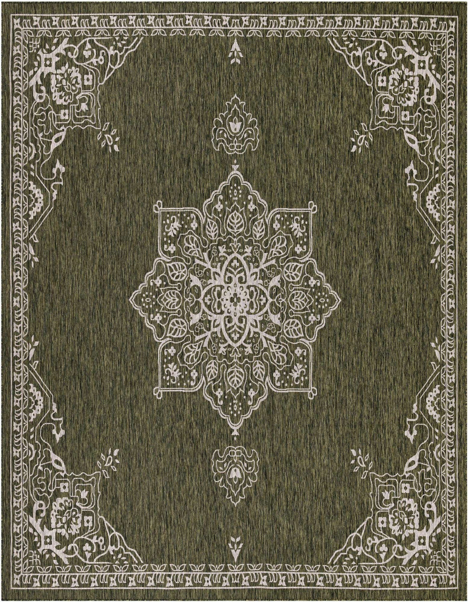 A 13' square green indoor/outdoor rug with a white traditional medallion pattern and border.