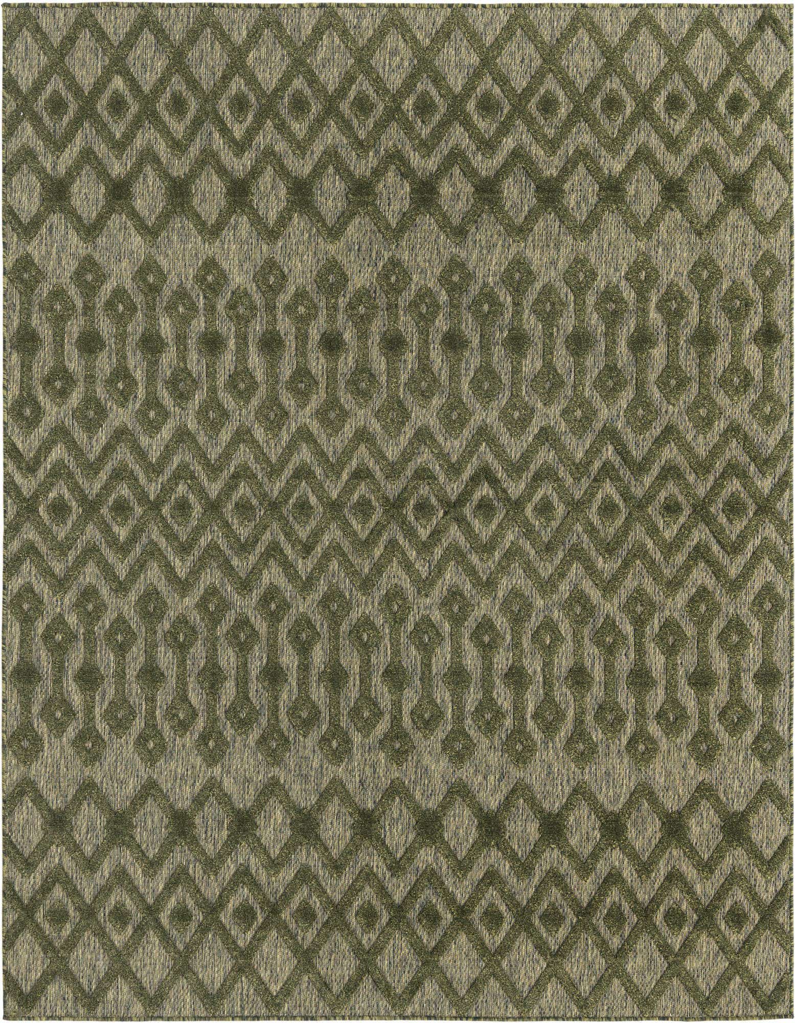 A square 7'10" x 7'10" green indoor/outdoor rug with a textured tribal trellis pattern, ideal for a patio.