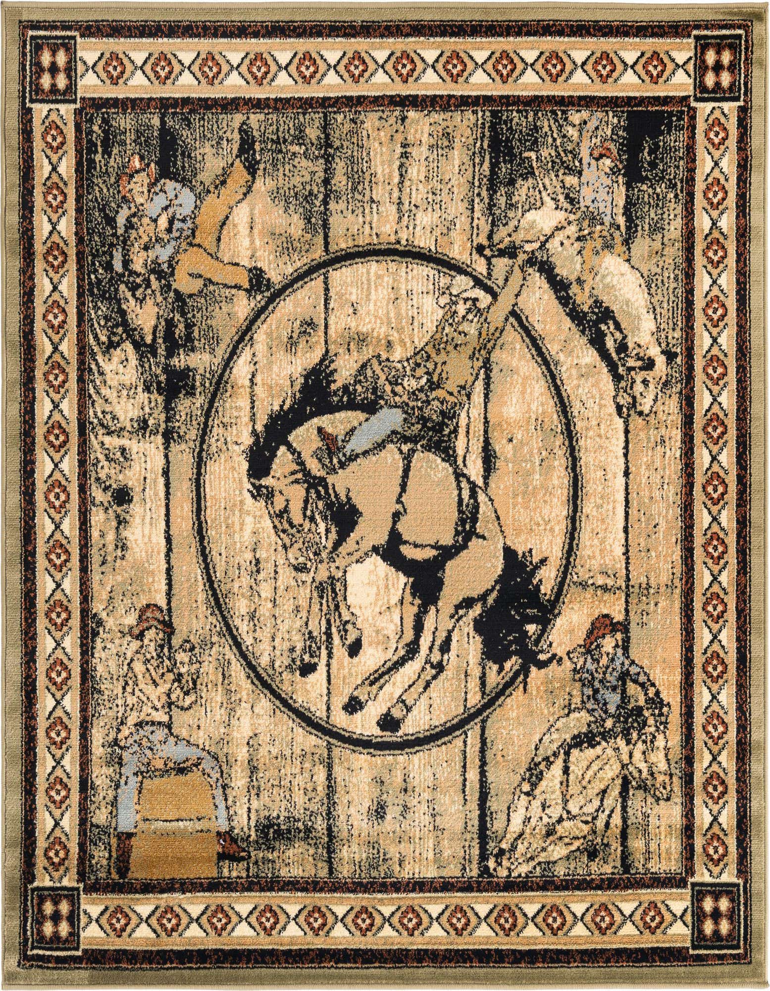 A square Rugs.com Pioneer rug featuring a rodeo scene with bucking horses and cowboys on a distressed wood-look background, framed by a western-style border.