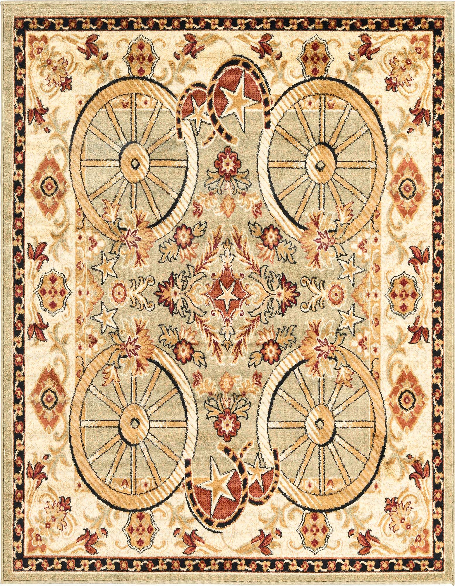 A 5' 3 x 5' 3 square Pioneer rug featuring a rustic medallion design with wagon wheels, horseshoes, and stars on a green and cream background.