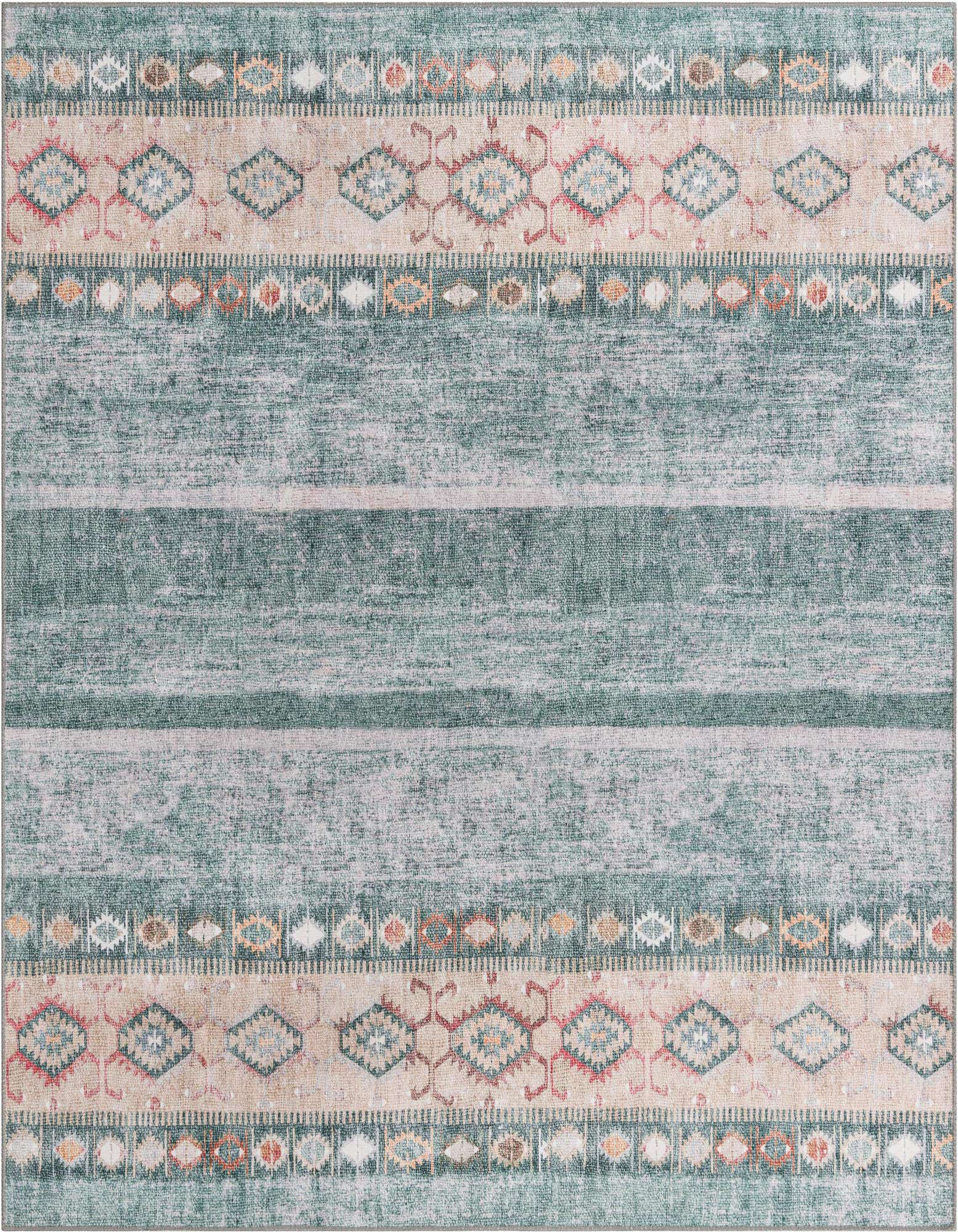 A 7' 6 x 7' 6 square green transitional rug with tribal stripes and a flatweave texture.