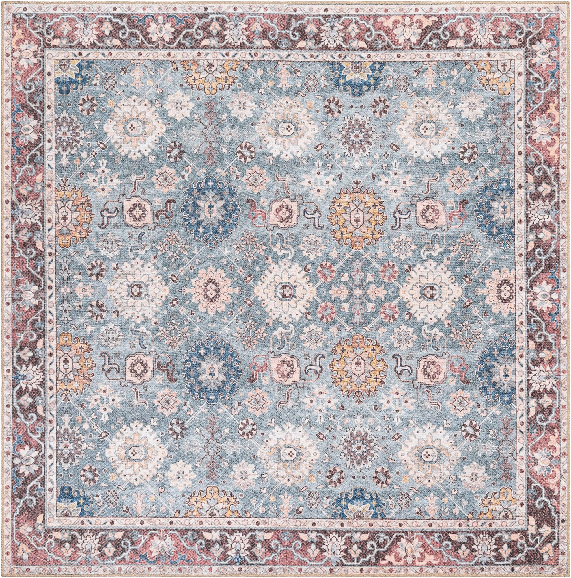 A 7' 10 x 7' 10 square green oriental rug with a vintage medallion pattern and a detailed border.