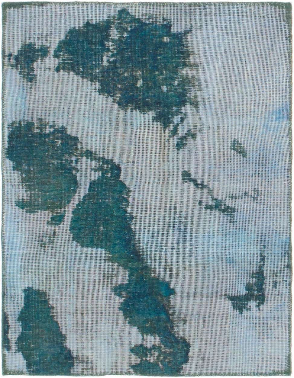 A 3' 0 x 3' 8 square green and white abstract wool rug with a distressed, vintage look.