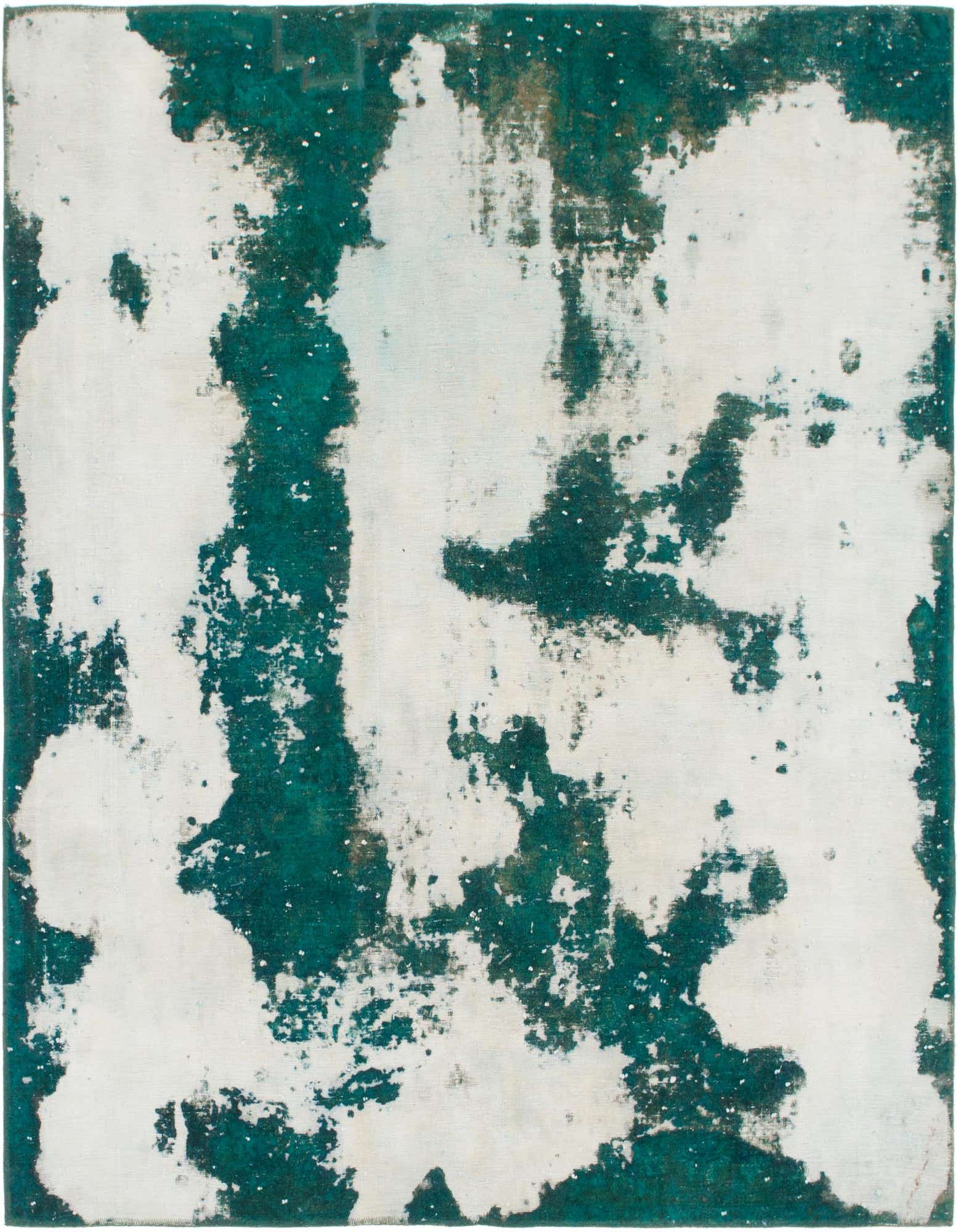 A square 6' 8 x 7' 3 green and white abstract rug with a distressed, vintage-inspired pattern.