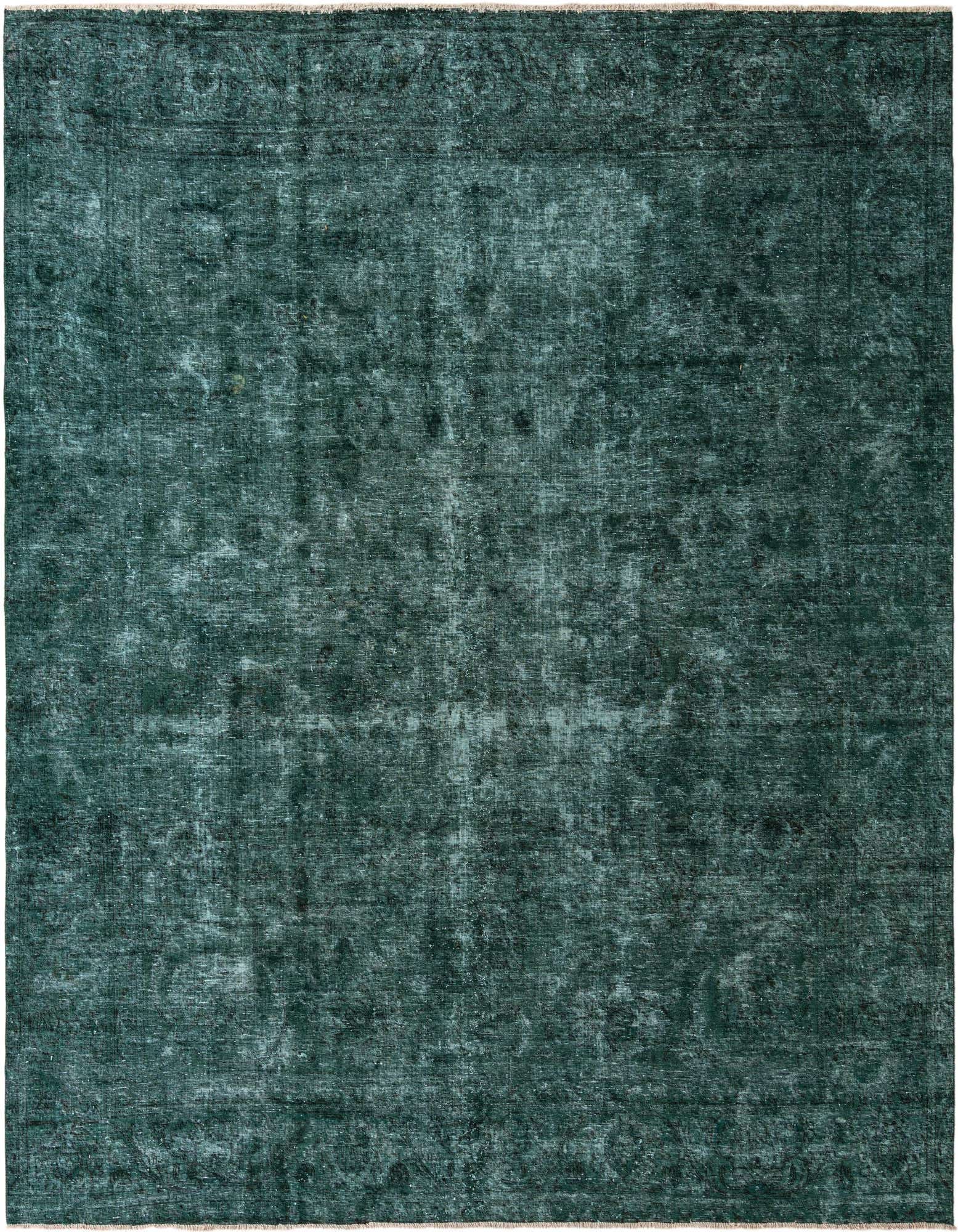 A large square 9' 8 x 10' 10 green Persian-style area rug with a vintage, distressed look and subtle medallion pattern.