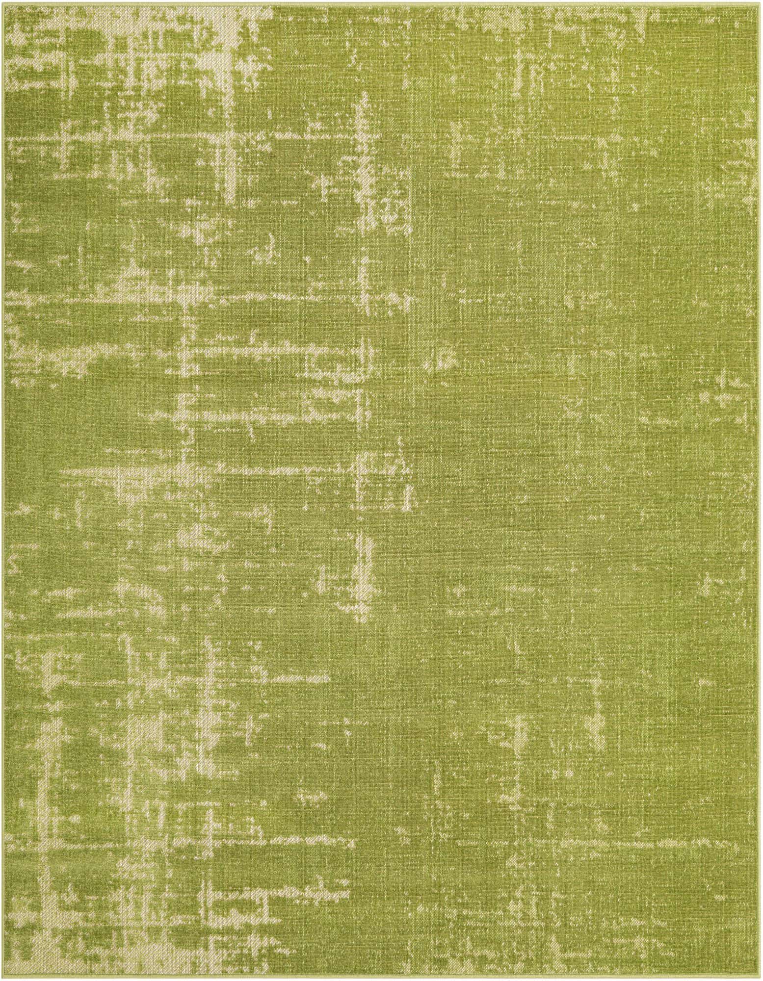 A 6' 1 x 6' 1 square green modern area rug with a distressed, abstract pattern in varying shades of green and light beige.
