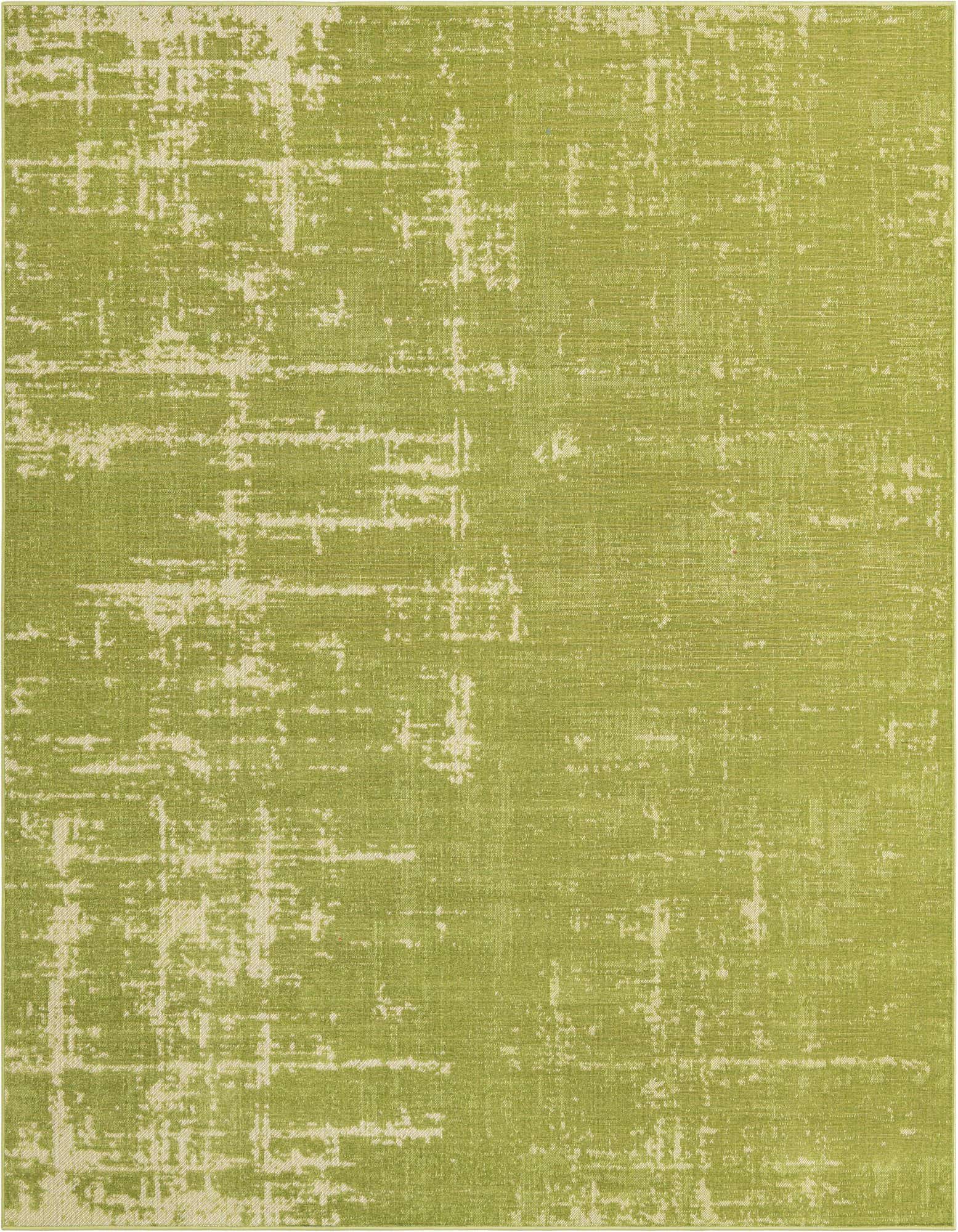 A 7' 10 x 7' 10 square green modern area rug with a distressed, abstract pattern in lighter green tones.