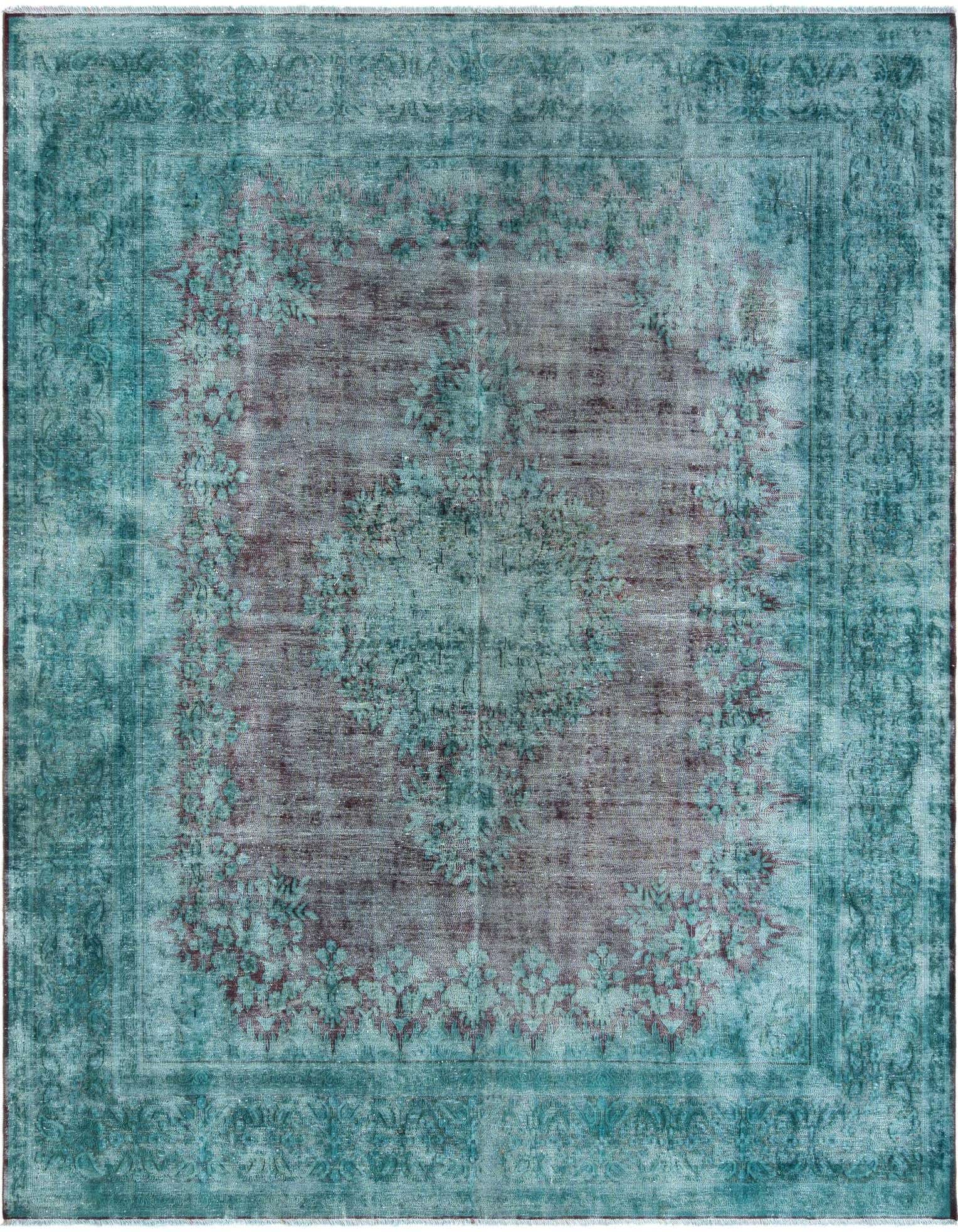 A square 9' 3 x 9' 7 green Persian wool rug with a distressed, faded floral medallion pattern.