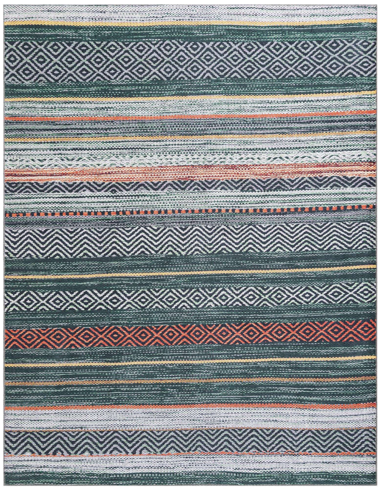 A square Rugs.com Yara rug, 7'10" x 7'10", featuring horizontal stripes in various shades of green, with accents of orange, white, and black geometric patterns, suitable for an indoor living space.