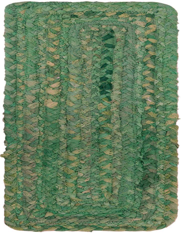 A 0' 9 x 2' 6 stair rug from the Braided Chindi collection, featuring a textured, braided pattern in various shades of green, made from recycled cotton.