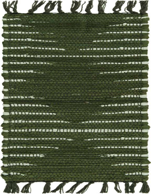 A dark green and white striped flatweave cotton stair rug with fringed ends, showcasing its textured, handmade quality.