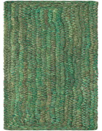 A 1' 2 x 8' 0 green braided chindi runner rug, handmade from recycled cotton, featuring a textured, abstract pattern.