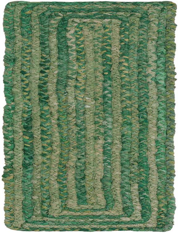 A 1' 2 x 4' 1 green braided cotton runner rug with varied shades of green, ideal for a table or hallway.