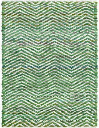 A 1' 2 x 8' 0 green and white chevron runner rug, handmade with recycled cotton, featuring a textured flatweave.