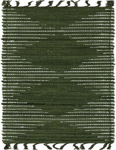 A 1' 2 x 6' 1 green Chindi Cotton runner rug with a textured flatweave and fringe on a white background.