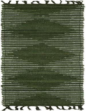 A 1' 2 x 8' 0 green Chindi Cotton runner rug with white flecks and fringed ends, ideal for a hallway or kitchen.