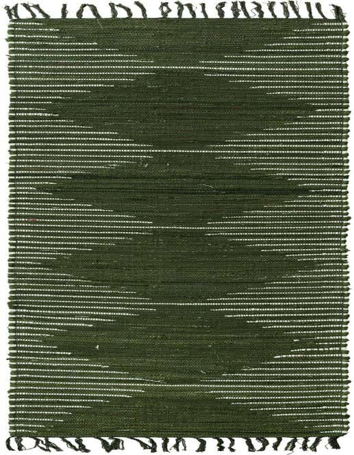A 1' 2 x 10' 0 green Chindi Cotton runner rug with a textured, flatweave pattern and fringe.