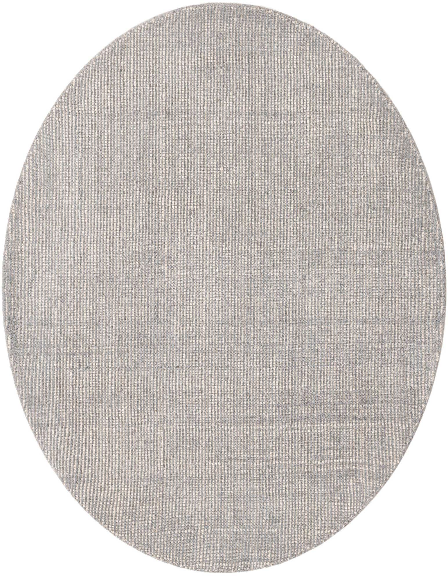 A 5' 3" round gray and silver modern wool rug with a textured, striped pattern, ideal for a living room.