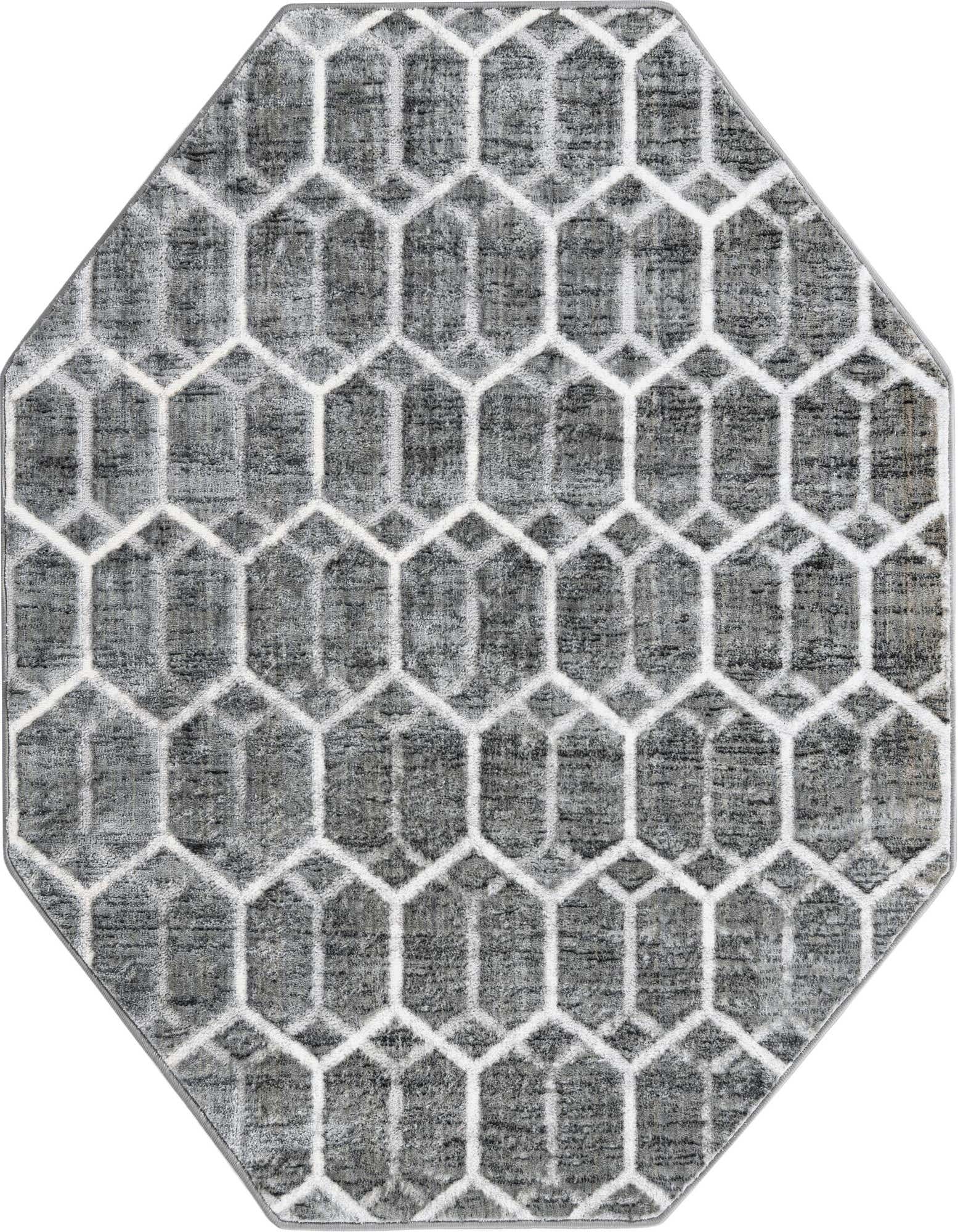 Octagon-shaped grey rug with a white geometric trellis pattern, featuring a textured pile for a modern look.