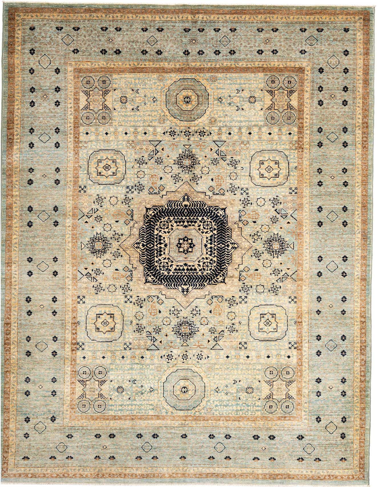 A 6x9 rectangular handmade Persian wool rug featuring a grey and beige traditional medallion pattern with intricate details.