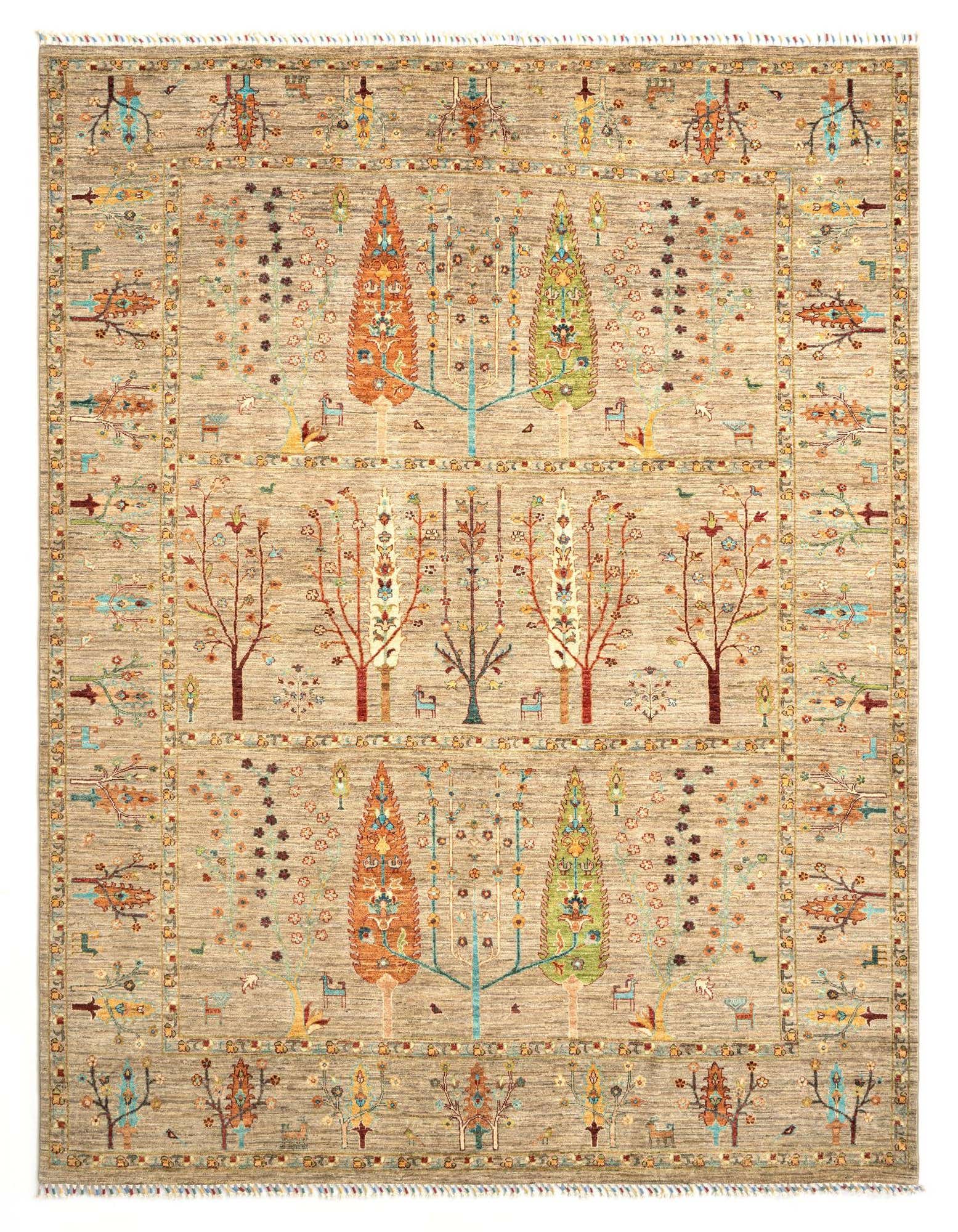 A rectangular 8x10 grey Persian wool rug with a vibrant tree of life pattern and intricate border.