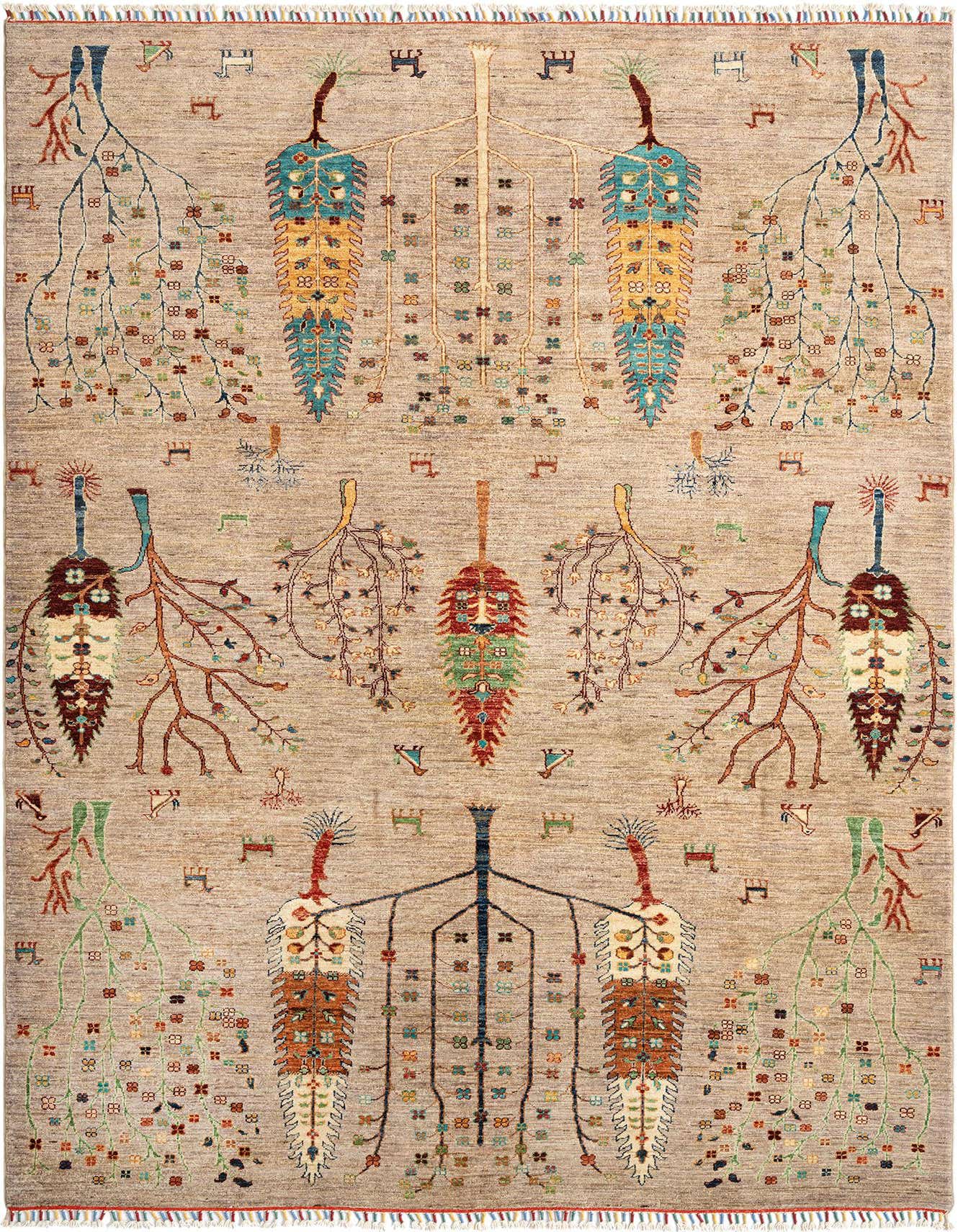 A 7x10 rectangular grey Persian wool rug with a vibrant, intricate tree-of-life pattern in various colors, ideal for a living room.