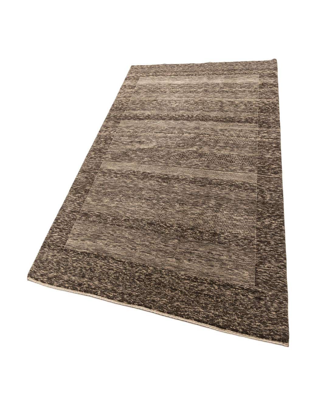 A 4x6 rectangular Gabbeh rug in shades of grey, featuring a modern striped pattern and a medium pile.