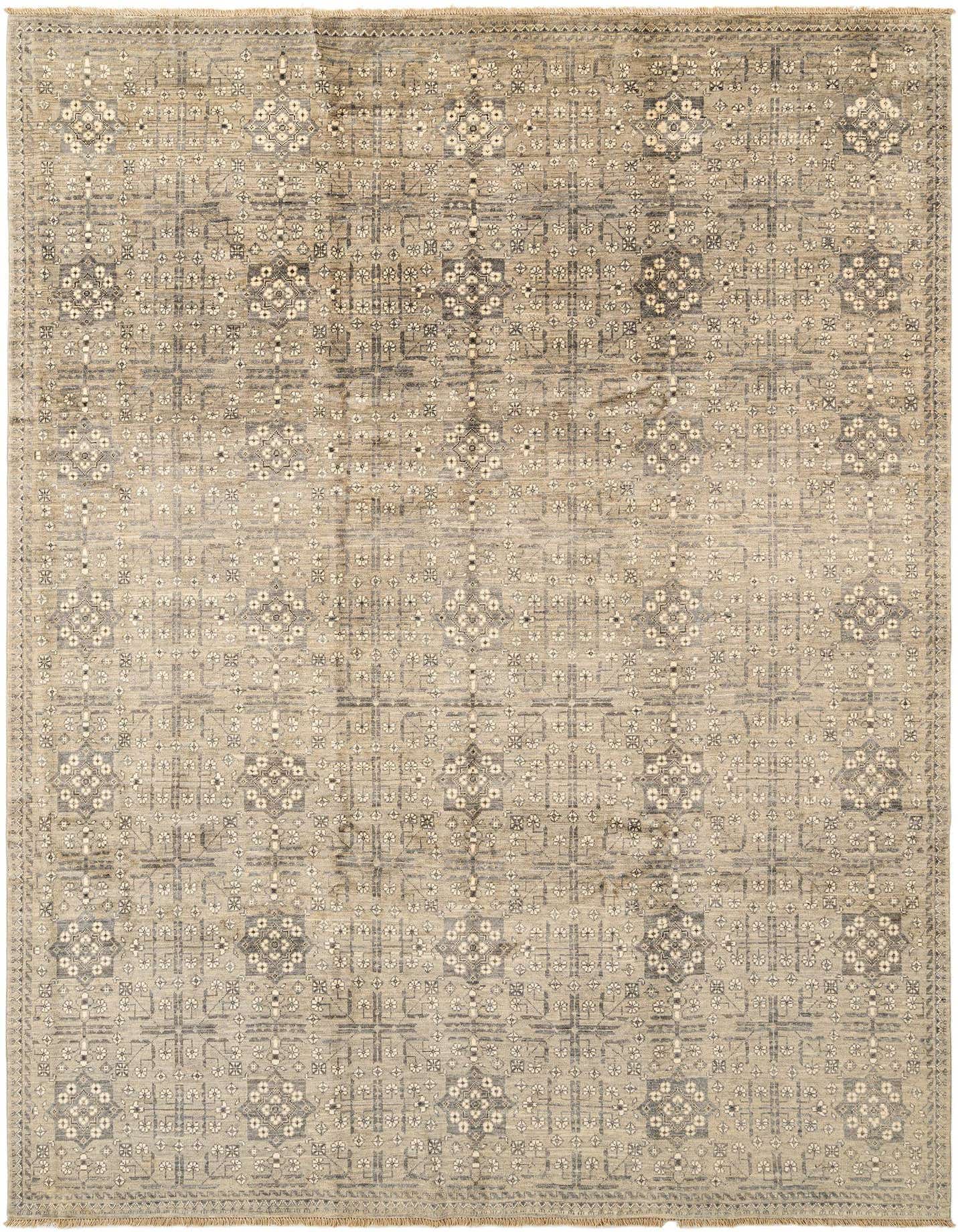 A rectangular 8x11 grey wool area rug with a subtle, intricate geometric pattern and medium pile.