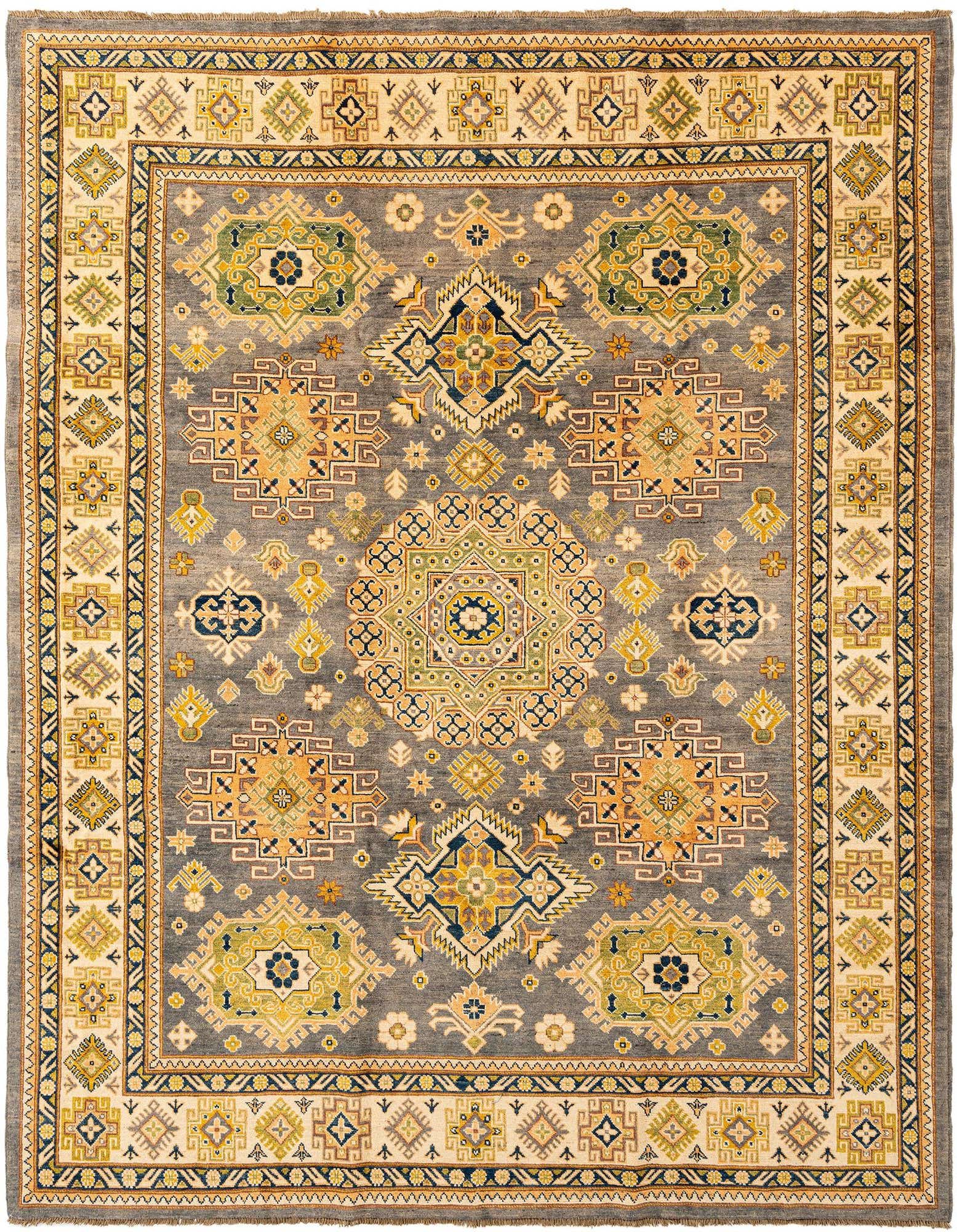 A 6x9 rectangular Ghazni Diyar wool rug with a grey background and intricate traditional patterns in yellow, green, orange, and blue.