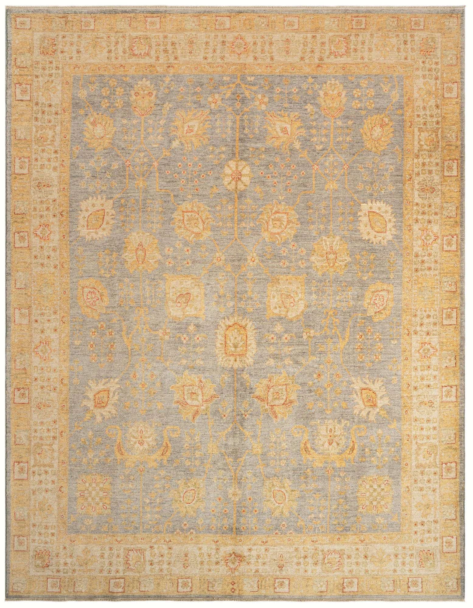 A rectangular 8x10 grey Persian wool rug with a detailed gold and orange floral border and central medallion.