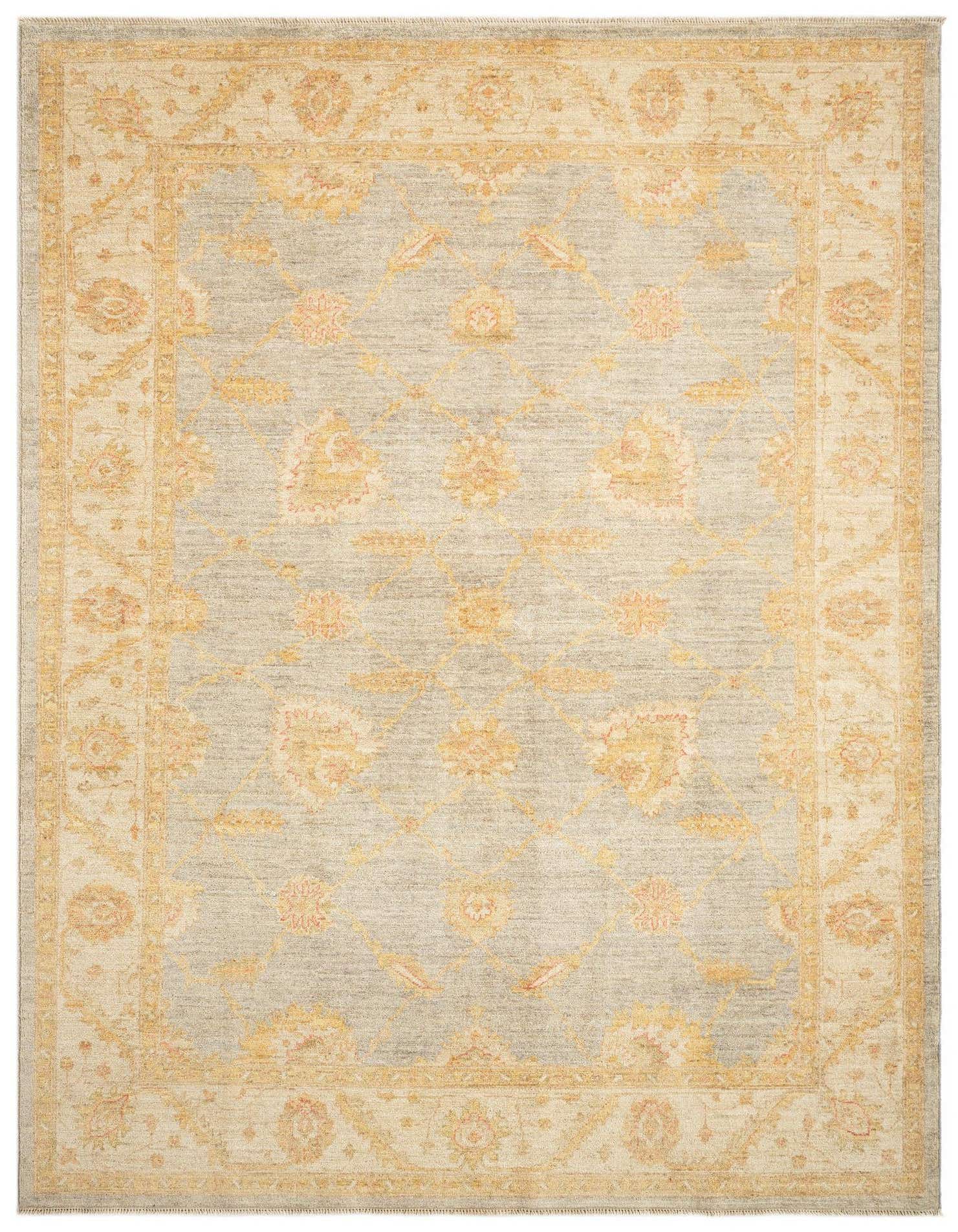 A 5x8 rectangular grey Persian wool rug with an intricate gold and subtle red floral border and central medallion pattern.