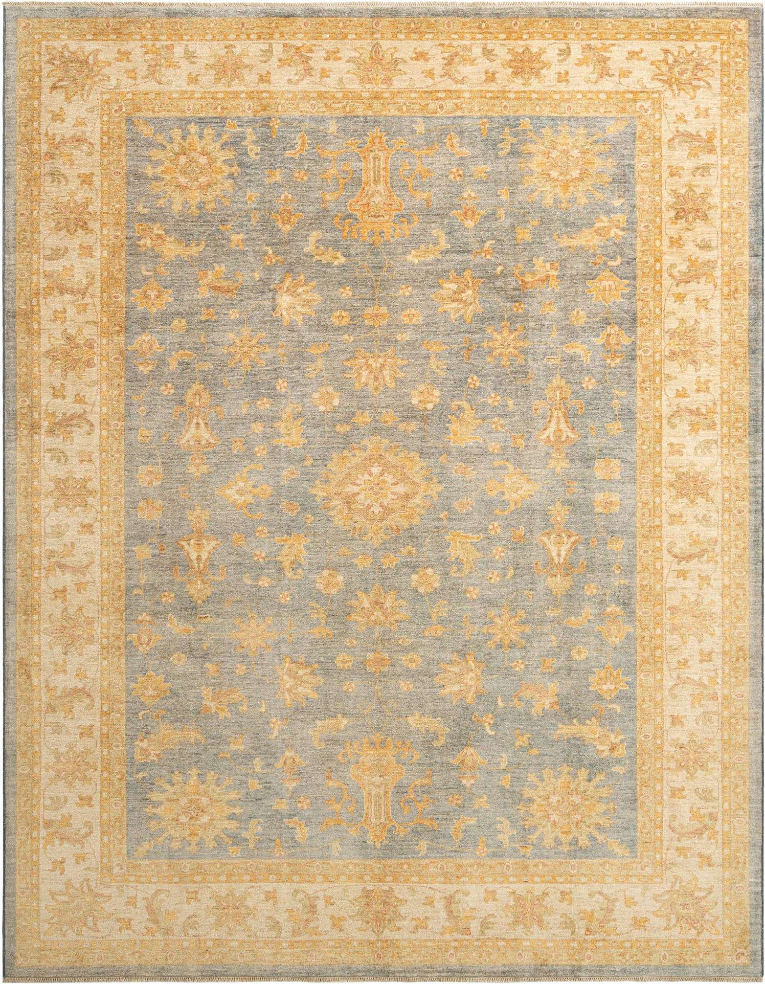 A rectangular 8x11 Kaizar Persian rug in grey and gold, featuring intricate floral and medallion patterns.