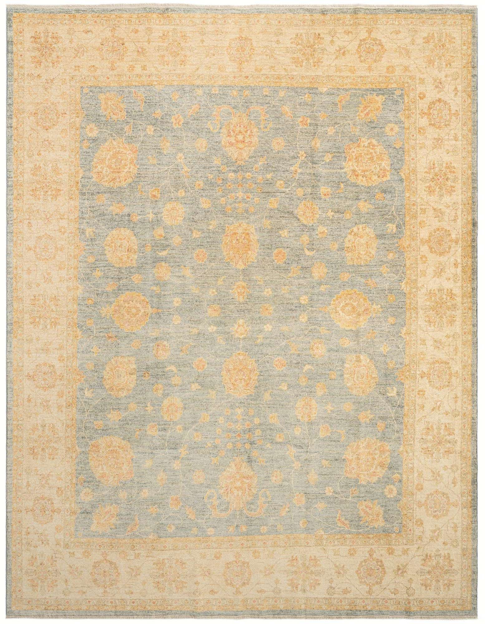 A rectangular 8x11 Kaizar Persian rug in grey and beige, featuring an intricate floral pattern and border.