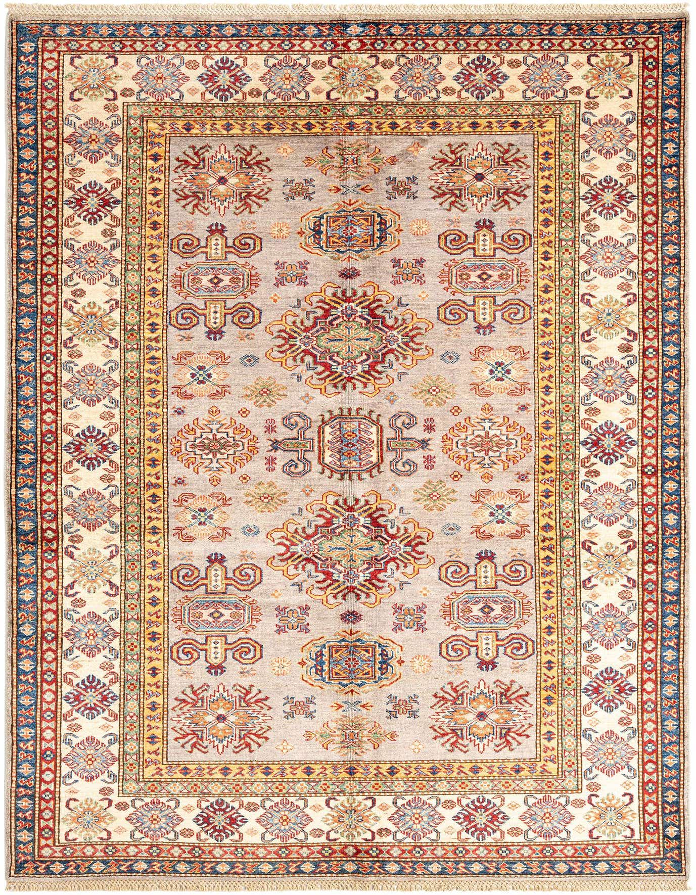 A 5x8 rectangular handmade Persian wool rug with a grey field and intricate multi-color traditional patterns, ideal for a living room.