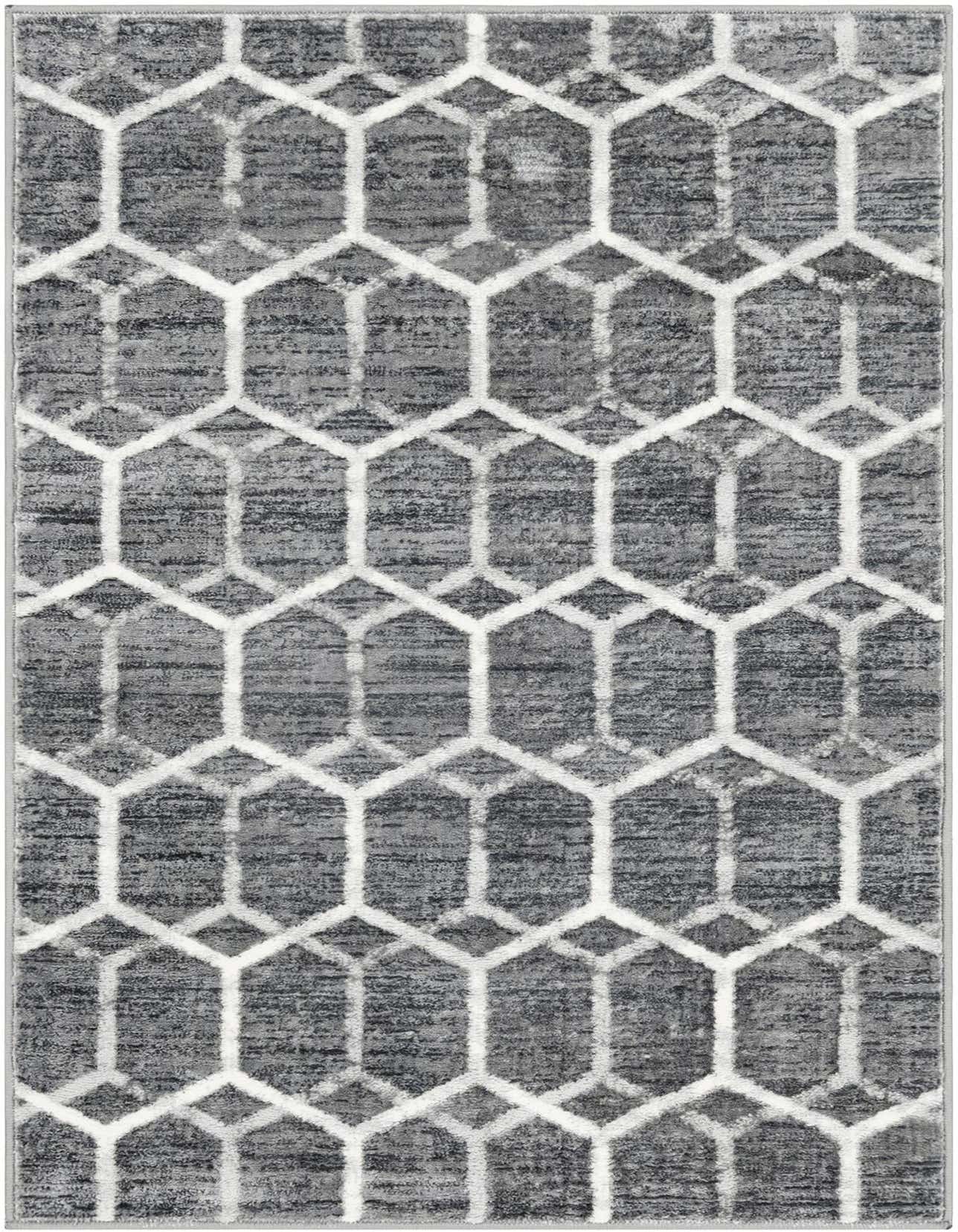 A 3x5 rectangular grey area rug with a white geometric trellis pattern, featuring a textured pile.