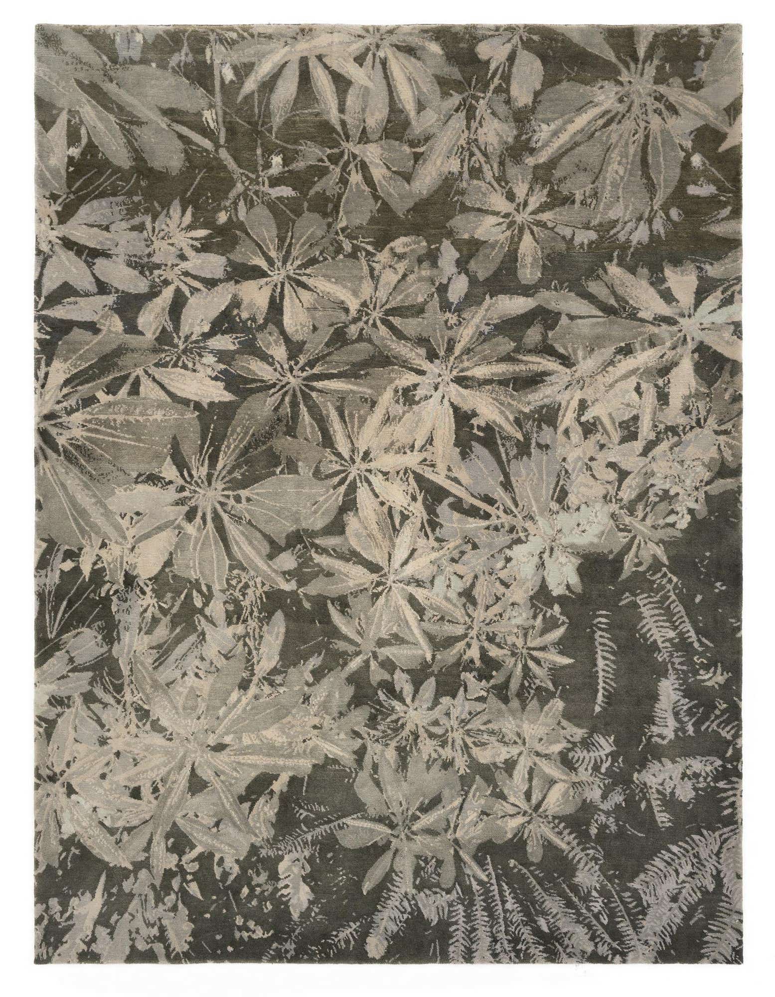 An 8x10 rectangular grey wool rug featuring a dense, modern Persian-style botanical leaf pattern in lighter grey and beige tones.