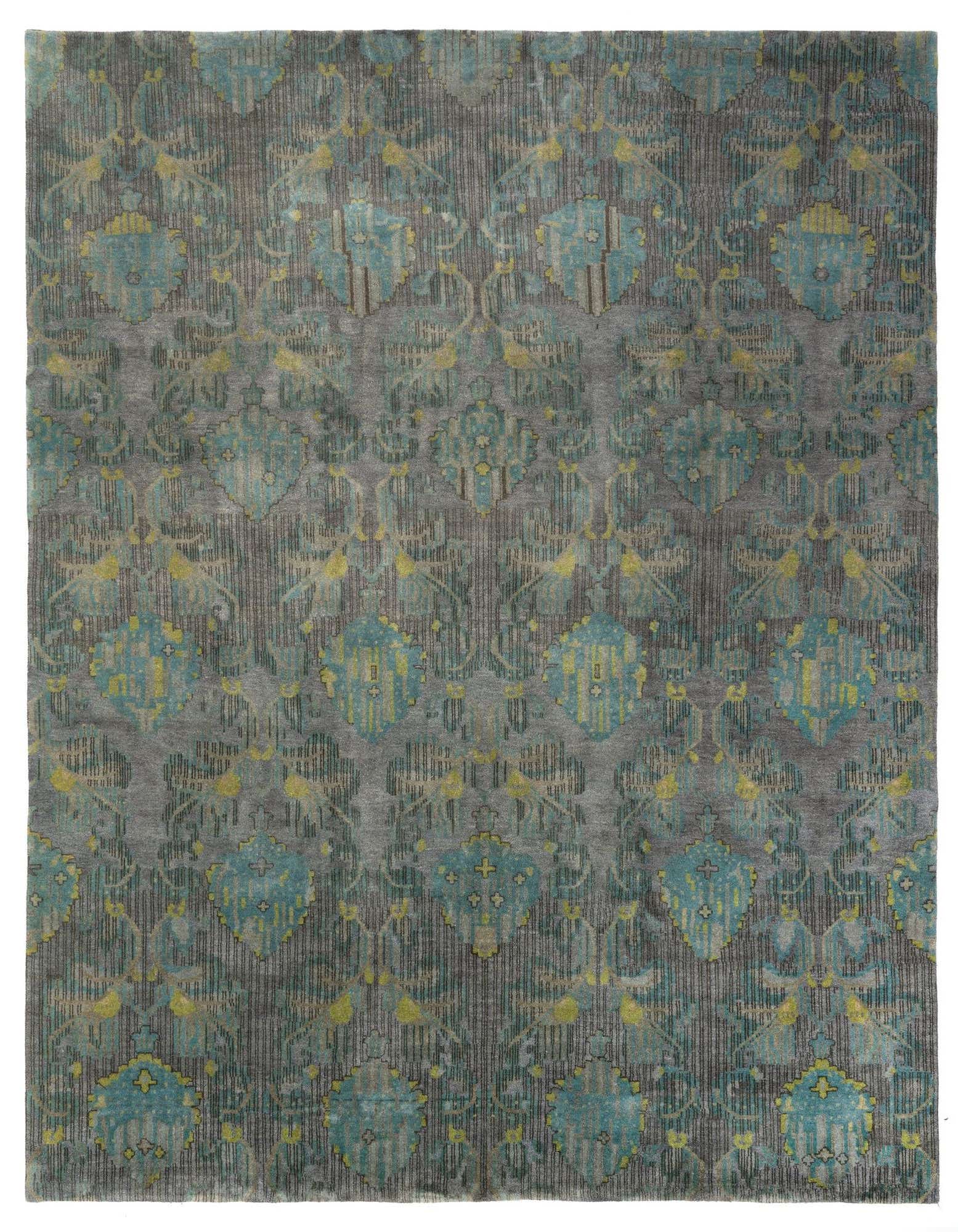 A rectangular 8x10 Modern Manshu rug in grey with distressed teal and yellow Persian-inspired patterns, ideal for a living room.