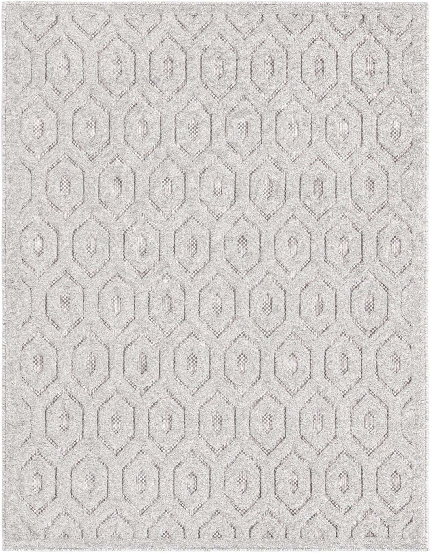 A 4x6 rectangular grey indoor/outdoor rug with a modern textured high-low geometric honeycomb pattern, ideal for a living room or patio.